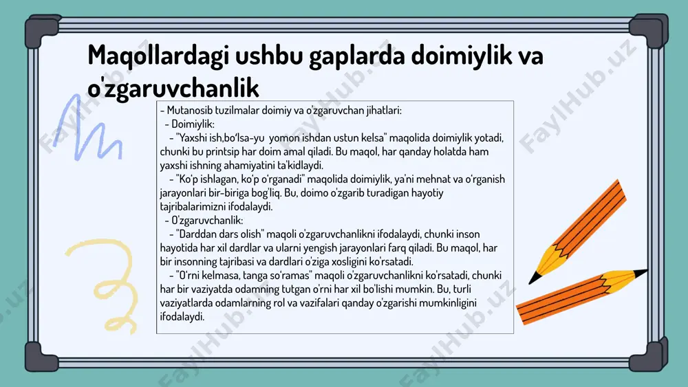 mida maqollar yangi kontekstlarga moslashtirilishi va an'anaviy shakllari saqlanib qolishi mumkin. o'zgarishlar kiritilgan maqollar: "har kim o'z qismatini biladi" maqolini "har kim o'z yo'lini tanlaydi" shaklida qayta ishlash mumkin. bu o'zgarish maqolning ma'nosini yangilab, zamon talablariga moslashtiradi. qayta ishlash jarayonida saqlanadigan mutanosib tarkiblar: maqolning asosiy g'oyasi va axloqiy saboqlari, hatto yangi so'zlar qo'shilsa ham, o'zgarishsiz qoladi. maqollarni o'rganish metodlari maqollarni o'rganish uchun bir nechta metodlar mavjud. asosiy metodlar jumlasiga tilshunoslik, madaniyatshunoslik va tarixiy tahlil kiradi. har bir metod maqollarning mohiyatini va ularning kontekstini yaxshiroq tushunishga yordam beradi. mutanosib tarkiblarni aniqlashda foydalaniladigan usullar: 1. semantik tahlil - maqollarning ma'nosini chuqur o'rganish, masalan, 'oltin so'zlar' maqolasi orqali qadriyatlarni tushunish. 2. morfologik tahlil - so'zlarning tuzilishini o'rganish orqali maqollardagi muvozanatni aniqlash, masalan, 'olma bir olma' maqolasida so'zlar o'rtasidagi bog'lanishni ko'rish. xalq maqollaridagi tahlil natijalari >> maqollarni mutanosib tarkiblar bo'yicha tahlil qilish natijalari: - xalq maqollarida o'xshash tuzilmalar ko'p. - ularning mantiqiy va badiiy …