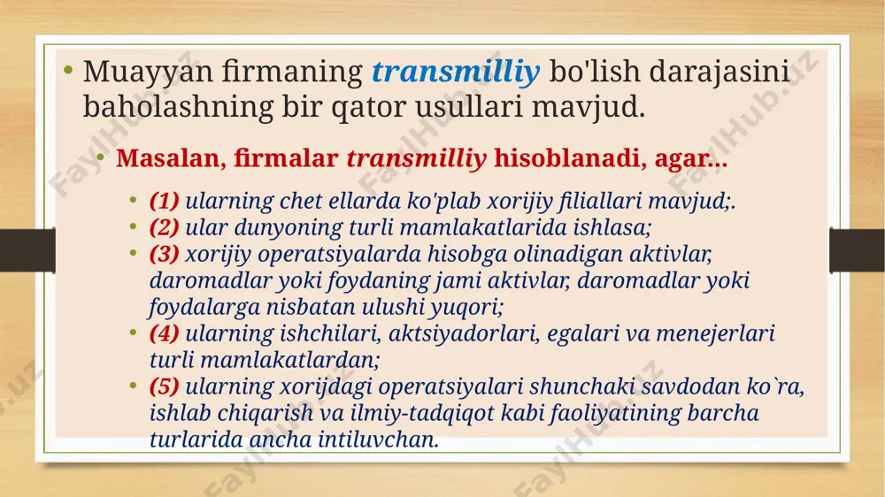 lik sohasida oʻzbekiston respublikasi davlat siyosatini yanada takomillashtirish choralari toʻgʻrisida” qarorining qabul qilinishi. https://eyuf.uz/site/view-page?id=159 xalqaro kadrlarni boshqarishning xususiyatlari multimadaniyatli jamoalarda boshqaruvning o‘ziga xos tomonlari chet ellik xodimlarning motivatsiyasini oshirish usullari xalqaro mehnat qonunchiligi va immigratsiya talablari ish haqi va rag‘batlantirish tizimlarini belgilash muammolar va ularning yechimlari madaniy va til to‘siqlari iqtisodiy, siyosiy va huquqiy xatarlar xodimlarning ishlash muddatiga moslashuvi va qaytib kelganda qayta integratsiyasi e’tiboringiz uchun rahmat image7.png image3.png image4.png /docprops/thumbnail.jpeg