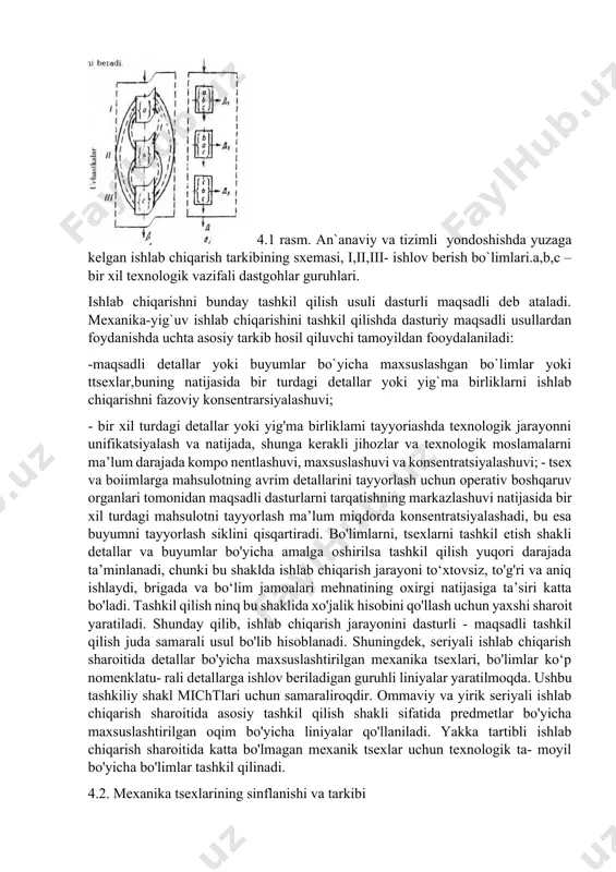 i guruh larga tegishli bo'lishi mumkin. bunday tarkibda to'g'ri va teskari tashqi aloqalar kelib chiqadi. ularning ko'pchiligi detallarni tayyorlash uchun texnologik maxsuslashgan bo'limlar o'rtasida bo'ladi. tizimli yondoshishda ham alohida bo‘limlarning, ham yaxlit tsexning o'zaro bog'liqligi, ularning yaxlitligi va ishlash samara- dorliligi hal qiluvchi ahamiyatga ega bo'ladi. tarkibni tanlash alohida qismlarni sintez va tahlili natijalariga ko'ra amalga oshiriladi va yangi sifat ko'rsatgichlarga ega bo'ladi. shuning uchun ishlab chiqarish jarayoni tarkibiga tizimli yondoshish detalli yoki predmetli maxsuslashgan bo'limlar va tsexlardan maqsadli foydalanishga asoslanadi. tizimli yondoshishda ishlab chiqarish jarayonining tarkib sxemasi 4.2-rasmda ko'rsatilgan. bu holatda ham tsex uchta bo'limdan iborat bo'lib, detallar asosida tashqi vertikal va ichki gorizontal aloqalar kesishishi bo'yicha qurilgan. ushbu ishlab chiarish tizimining oxirgi maqsadi alohida detallar ishlab chiqarishdan iborat bo`ladi. {d1,d2,d3} d bo'limlarni oxirgi tugatilgan natija bo'yicha mo'ljallash tashgi aloqalarni qisqartirilishiga va mehnatni bo`lish muammosini yechishni ancha soddalashtiradi, o'z-o'zini boshqarish va soddalashtirish imkonini beradi. 4.1 rasm. an`anaviy va tizimli …