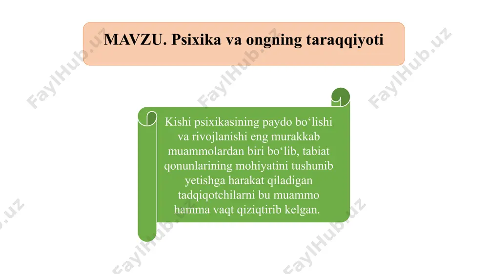 idlab o‘tganlaridek, ijtimoiy mahsulotdir. ong yuzaga kelishining asosiy sharti, vositasi tildir. psixikaning eng quyi darajasi ongsizlikdir. ongsizlik - bu shunday psixik jarayonlar va hodisalar yig‘indisiki, unda inson o‘z xatti-harakatlariga javob bermaydi, anglamaydi. bunga tush ko‘rish, ba’zi patologik hodisalar, alaxlash, gallyusinasiya kabilar kiradi. xulosa qilib aytganda, psixologiya hayot faoliyatining o‘ziga xos shakli bo‘lib, psixik rivojlanishning qonuniyat va mexanizmlarini o‘rganuvchi fandir. psixologiya fanining asosiy vazifasi psixik hodisalarni o‘rganish va ilmiy asoslashdir. psixik hodisalar ma’lum qonuniyatlarga bo‘ysunadi. psixologiya shunday qonuniyatlarni mohiyatini ochishga, ularni tarkib topishi va rivojlanishini o‘rganishga qaratilgandir. ushbu qonuniyatlarni bilish, ularni boshqarish, tashkil etish, ta’lim-tarbiya jarayonini to‘g‘ri olib borishga yordam beradi. evolyusiya jarayonida organizmlar tashqi muhit bilan munosabatlarining umumiy turini o‘zgarishi natijasida ta’sirlanuvchanlikning sifat jihatidan yangi bosqichga o‘tishi sezuvchanlikni yuzaga kelishiga sabab bo‘ladi. a.n.leontevning faraziga asosan sezuvchanlik “genetik shunday ta’sirlanuvchanlik-ki tashqi muhit ta’siriga organizmni yo‘naltiradi va buning natijasida organizm tashqi muhitida signal vazifasini bajaradi. demak, sezuvchanlik shunday ta’sirlanuvchanlik-ki, uning natijasida hayot …