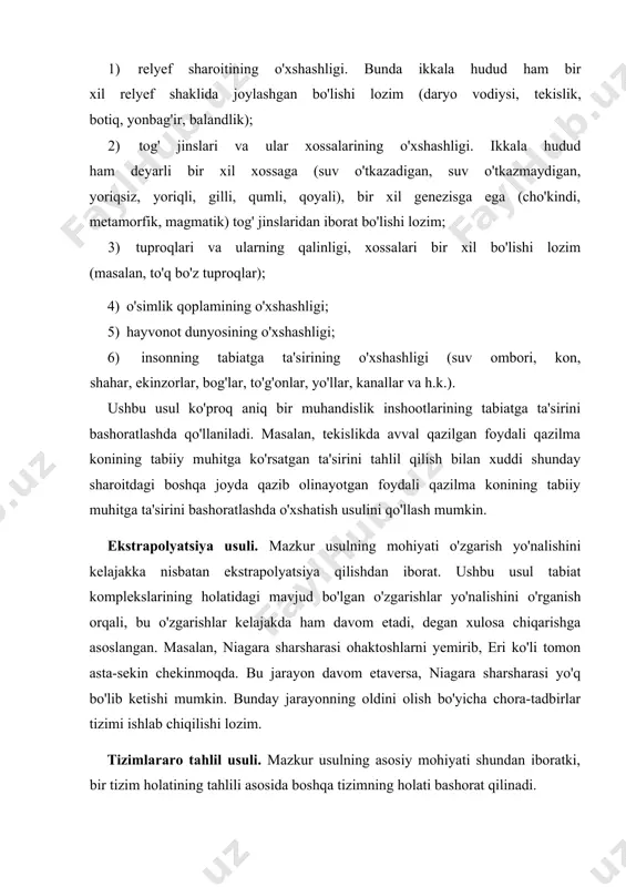 igi bilan bog'langan. geografik bashoratlar jahon, mintaqa va mahalliy miqyoslarda olib boriladi. sayyoraviy bashoratlar. ular yer rivojlanishining evolutsion yo'nalishlarini o'rganishga asoslangan. umumsayyoraviy geografik bashoratlarning asosiy maqsadi insoniyatning kelajakdagi hayotini va yerni saqlab qolishga qaratilgan muammolarni oldindan bashorat qilishdir. shuning uchin ham mutaxassis va olimlarning ko'pchiligi hozirgi paytda butun dunyo miqyosida kelajakda kutilayotgan turli noxush hodisalarni bashorat qilish bilan shug'ullanadi. atmosfera havosining ifloslanishi, ozon qatlamining yupqalanishi, "issiqxona samarasi"ning vujudga kelishi, cho'llashish jarayoni, gidrosferaning ifloslanishi va toza ichimlik suvi muammosi shular jumlasidandir. insoniyatning kelajakdagi hayoti yuqoridagi muammolarning qanday bashorat qilinishiga bog'liq. umumsayyoraviy bashoratlar ma'lum bir hududga bog'lanmagan bo'ladi. mintaqaviy bashorat. mintaqaviy bashorat deb hududiy jihatdan chegaralangan tabiiy komplekslarning kelajakdagi o'zgarishini oldindan asoslab berishga aytiladi. jahonning xo'jaligi yuksak darajada rivojlangan qismlarida jamiyat bilan tabiat o'rtasidagi munosabatlar o'ta keskinlashadi. buning oqibatida turli xil ekologik muammolar yuzaga keladi, natijada ijtimoiy-iqtisodiy sharoitlar murakkablashib ketishi mumkin. mazkur mintaqalarga o'rta dengiz, boltiq, shimoliy, qora dengizlar, meksika, fors qo'ltiqlari …