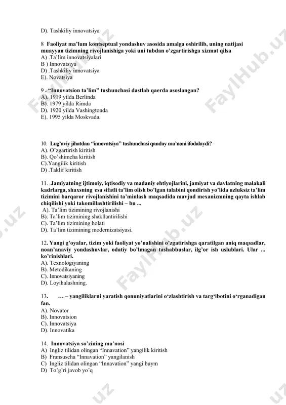 “innavation” yangilik kiritish b) fransuscha “innavation” yangilanish c) ingliz tilidan olingan “innavation” yangi buym d) to’g’ri javob yo’q 15. … - yanglikning kiritilishi va shart-sharoitlari, tizimini yangi sharoit ko‘rsatkichlariga muvaffaqiyatli o‘tishini ta’min-lovchi o‘zgarishlar. innovatsion o‘zgarishlarga tayyorgarlik ko‘rish va uni amaliyotga kiritish jarayoni a) innovatsion faoliyat b) innovatsion muhit c) innovatsion jarayon d). innovatsion ta’lim 16. mahorat - bu … a). kadrlar tayyorlashning milliy tuzilmasi. b) kasbiy individuallikning yorqin ko‘rinishi. c). o’z ustid bajarilgan kuchli mehnat d). yangi inovatsiyalar yaratish 17. kadrlar tayyorlashning milliy tuzilmasi bu… a) novator b) novatsiya c) mahorat d )milliy model 18. miqdor o‘zgarishlaridan sifat o‘zgarishlariga o‘tish, o‘sish. a) milliy model b) mehnat qilish c) rivojlanish d) rag’banlantirish 19. …– ilmiy bilish, ko‘nikmalar, malakalar tizimi a) dars b) axloq c) tarbiya d) ta’lim 20. buyum ishlab chikarish jarayonida bajariladigan ishlar xajmining ketma-ketligi a) ishlab chiqarish b ) texnologiya d) texnika e ) yaratish 21. (loyihalash, chizish, o‘ylash, …
