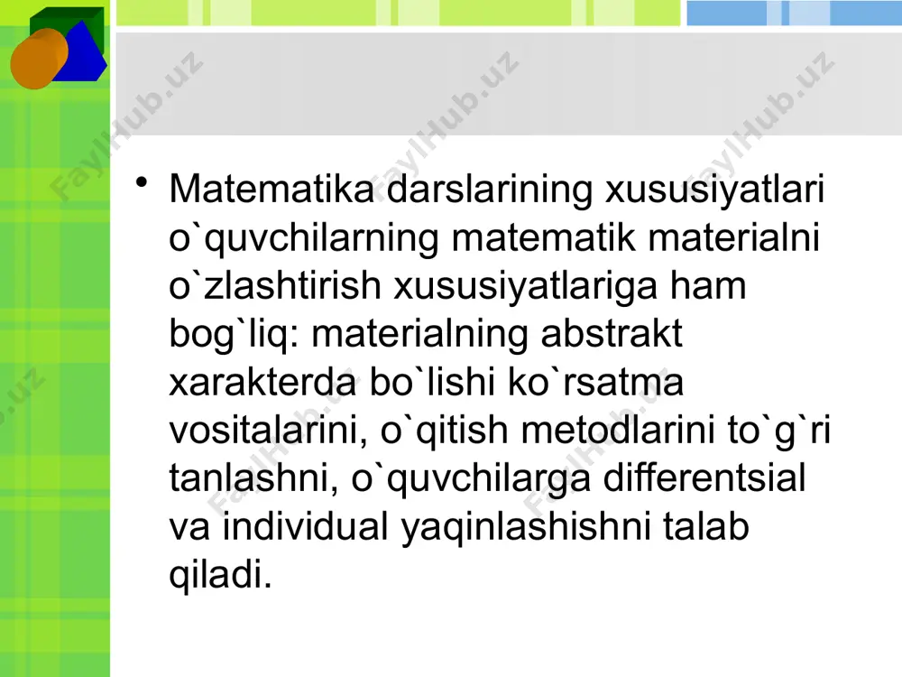 ali va ekran vositalarini qo`llash. 5) darsda musobaqa shaklidan foydalanish. darsda alohida va umumiy ishni birgalikda mohirona olib borish diffеrеntsiallashgan o`qitishni amalga oshirishda muhim hisoblanadi. o`qituvchining mahorati darsda o`quvchilar uning tushuntirishlarini qanday qabul qilishlariga, o`quvchilar qanday ishlashlariga, savollarga javob bеrishda va olishga qarab baholanadi.