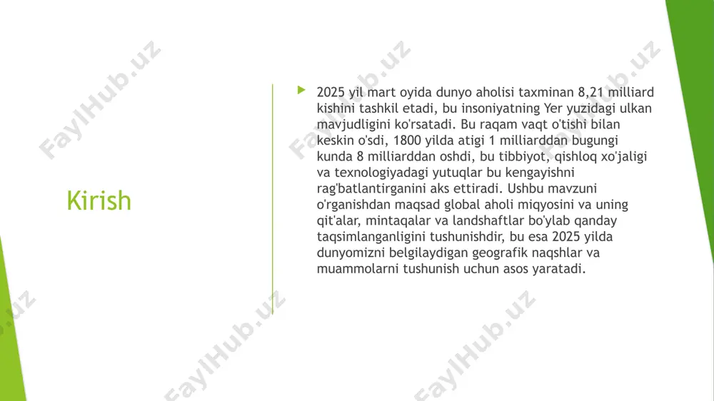 chi ikkinchi eng ko'p aholiga ega qit'a bo'lib, taxminan 1,55 milliard odamni tashkil etadi va uning ahamiyatining oshishini ko'rsatadigan sezilarli o'sishni boshdan kechirmoqda. yevropa va shimoliy amerika kichikroq ulushlarga ega bo'lib, mos ravishda 9% (taxminan 744 million) va 8% (taxminan 617 million) ni tashkil etadi, bu barqaror aholilarni aks ettiradi. janubiy amerika 5% yoki taxminan 438 million odam bilan va okeaniya taxminan 47 million odam bilan 1% dan kam ulushga ega bo'lib, taqsimotni yakunlaydi. ushbu taqsimot osiyoning global aholi sonidagi ustunligini, hindiston va xitoy kabi gigantlar tomonidan boshqarilishini, shuningdek, afrikaning kelgusi o'n yilliklarda asosiy demografik kuch sifatida paydo bo'lishini ta'kidlaydi. dunyo bo'ylab urbanizatsiya o'ngdagi rasm hozirgi yillardagi urbanizatsiya global manzarani shakllantiradi, dunyo aholisining 58% shahar hududlarida yashaydi. ushbu tendentsiya mintaqalar bo'yicha sezilarli darajada farq qiladi, rivojlanish va turmush tarzidagi keskin farqlarni ta'kidlaydi. masalan, shimoliy amerika iqtisodiy imkoniyatlar va infratuzilma tufayli aholining 83.6% shaharlarida yashaydi, afrika esa 43.5% bilan ortda qolmoqda, …