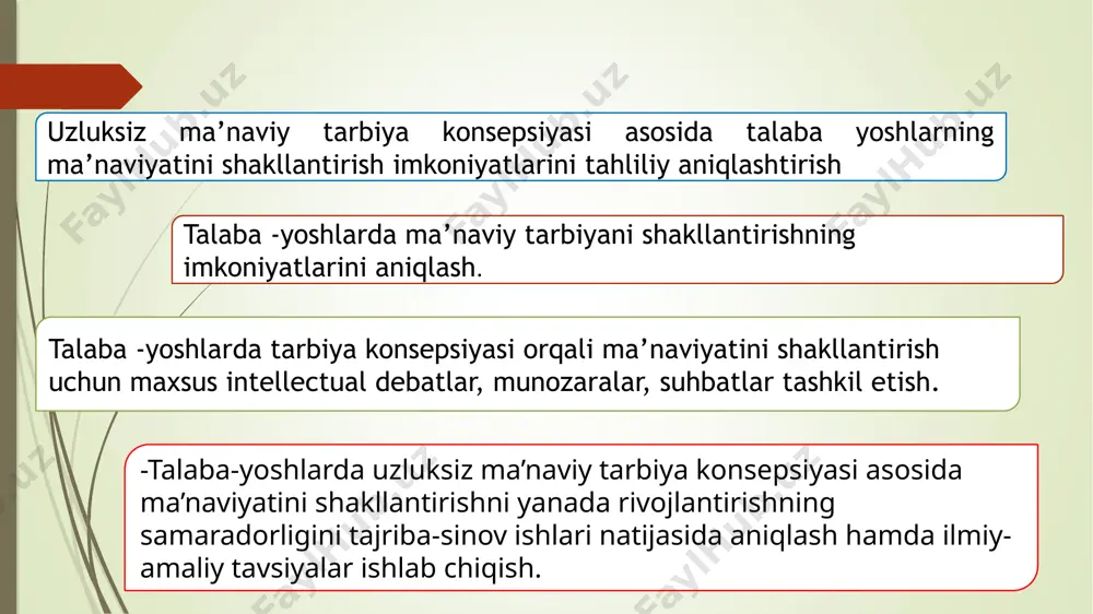 urga tayinlangan talabalartor ixtisoslikka aniq yo’naltirilganligi bilan ajralib turadi. bu erda ham kognitiv faoliyat o’quv dasturlaridan tashqariga chiqadi, lekin kengroq emas, balki chuqurroq. butun faoliyat tizimi"yaqin kasbiy manfaatlar"doirasi bilan cheklangan. va nihoyat, uchinchi turdagi talabalarda kognitiv faoliyat qat'iy ravishda faqat o’quv dasturi doirasida bilim va ko’nikmalarni o’zlashtirishga qaratilgan. ushbu tur minimal faollik va ijodkorlik darajasini namoyish etadi bugungi kunda ta’lim muassasalarida ta’lim-tarbiya sifatini takomillashtirish, har tomonlama ma’naviy-axloqiy jihatdan tarbiyalangan barkamol shaxslarni voyaga yetkazish davlat siyosatining ustuvor yo’nalishilaridan biri desak adashmagan bo’lamiz ma'naviy-axloqiy tarbiyada ham yana bir eng qimmatli qadriyat- erkinlik hisoblanadi. bu esa o‘z navbatida talaba shaxsida mas'uliyatni his etish, ongli intizomga rioya etish ko‘nikmalarini tarbiyalaydi ma'naviyat shaxs, xalq, davlat va jamiyatning kuch-qudrati, taraqqiyoti va istiqbollarini belgilab beruvchi ichki ijobiy, ruhiy omili hisoblanadi 1996 yil 9 sentyabrda o‘zbekiston respublikasi prezidentining pf 1559-sonli "ma’naviyat va ma’rifat jamoat markazi faoliyati samaradorligini yanada oshirish to‘g‘risida" gi qarori qabul qilindi. farmonning ijrosini ta’minlash maqsadida, …
