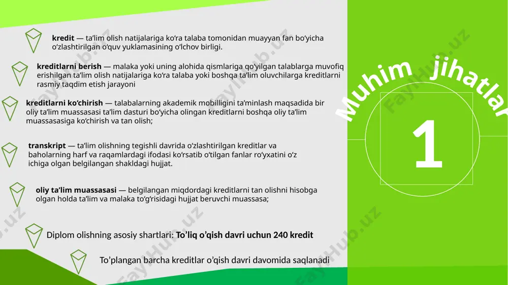 dit – bu talabaning ish yuklamasi birligidir. 1 kredit haftasiga 25 — 30 akademik soatlik o‘quv yuklamasiga teng dars yuklamalariga qarab fanlarning kreditlari turlicha bo’lishi mumkin. 4 mutaxassislik fanlar 6-8 kredit, fanlar sohadan uzoqlashgan sari mos ravishda u bera oladigan kredit miqdori kamayib boradi, masalan ijtimoiy fanlar 2-4 kredit. • unga ko’ra, bakalavriatura dasturi (4 yil) davomida talaba 240 kredit yig’ishi kerak, demak, 1 semestr davomida 30kredit to`plaashi (240/8=30) yig’ishi kerak asosiysi kriditlar 5 . 1 semestr davomida o‘qitiladigan 4-8 ta atrofidagi fanlardan yig’iladi, masalan 2 ta mutaxassislik fani: 8 kreditdan 16 kredit, qolgan 14 kredit ham 3-5 ta fanlarga taqsimlanadi bu degani 1 smestr davomida talabada o`qishi uchun minimum 4 yoki 8 fan bo`ladi degani…!!! 1-semestr odatda 1-oktyabrdan to 1-fevralgacha, 2-semestr esa martdan iyungacha davom etadi, kuzgi semestrdagi fanlarning hammasini muvaffaqiyatli topshirgan talabalar fevral oyida dam olishadi. fanlardan baholashdan reyting tizimi qo’llaniladi, unga ko’ra 60-70 ball 3 baho, 71-89 …