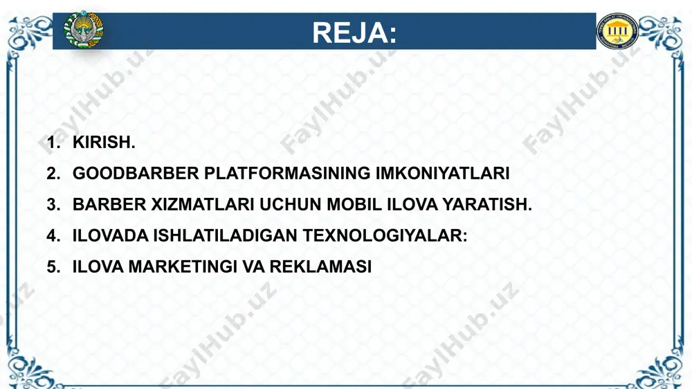 uchun qanday strategiyalarni amalga oshirish (ijtimoiy tarmoqlar, reklama kampaniyalari, seo). 8 абулқосимова шахноза ilova marketingi va reklamasi ilova marketingi va reklamasi mavzu: ilovani marketing qilish va foydalanuvchilarni jalb etish seo va reklama: google play va app store’da ilova optimallashtirish. ijtimoiy tarmoqlar orqali reklama: facebook, instagram va boshqa platformalarda reklama kampaniyalari. 9 абулқосимова шахноза xulosa mobil dasturlar turli xil dasturlash tillarida (java; php/javascript; actionscript; swift va objective-c) yoziladi. ilova yaratish jarayonida bir necha bosqichlardan oʻtadi. birinchi qadam. ilova nima uchun moʻljallanganligini va qanday vazifalarni bajarishini aniqlang. ikkinchi qadam. muhandislik va dizayn. uchinchi qadam. ishlab chiqish jarayoni. toʻrtinchi qadam. sinov. beshinchi qadam. monitoring. ilova turlari mobil saytlar ilova kom veb-ilovalar ilova kom gibrid dasturlar ilova kom mahalliy dasturlar ilova kom 10 абулқосимова шахноза foydalanilgan adabiyotlar: 1. https://docs.flutter.dev/resources/faq 2. https://en.wikipedia.org/wiki/figma_(software) 3. https://en.wikipedia.org/wiki/mysql 4. https://designlab.com/figma-101-course/introduction-to-figma/ 5. saloydinov, s. q. (2021). paxta tozalash zavodlarida energiya sarfini kamaytirishning texnik-iqtisodiy mexanizmini yaratish. “academic research in educational sciences”, …