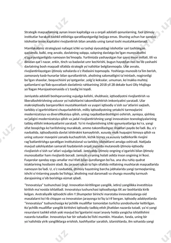 tli jarayon. agar u real vaziyatni toʻliq qamrab olgan yaxlit va bir butun reja boʻlsa, uning muvaffaqiyati taʼminlanadi. mabodo teskari boʻlsa, unda turgʻunlik yuzaga keladi. bunga sabab, notoʻgʻri tahliliy maʼlumotlar, xulosalar, kutilmagan sharoitlar, resurslardan oqilona foydalana olmaslikdir. strategiyani baholash va nazorat qilish strategik rejalashtirishni mantiqiy yakunlovchi omili boʻlib hisoblanadi. u hodisalarning qayta aloqalanishini taʼminlash jarayonida strukturaviy boʻgʻinlardagi bogʻlanish imkoniyatlarini tahlil qiladi, baholaydi, aniqlaydi, xulosalar chiqaradi. zaruratda strategik rejalarni oʻzgartiradi. davlat strategik rejalari aniq va oʻzgarmas tamoyillarga boʻysundirilishi muhim. ular islohotlarning bir maromda, izchil yoʻnalishini taʼminlashga xizmat qiladi. jumladan, rahbar oʻz vazifalarini amalga oshirishida turli ilmiy sohalardagi maʼlumotlar va xulosalar bilan qurollanmogʻi, bundan tashqari, improvizatsiya qilmogʻi, quyilgan vazifalar yechimini topishda individual va kreativ yondashuvlarni tashkil etishi lozim. mazkur tamoyillar oldin qabul qilingan qarorni oʻzgartirish ehtimoli yoki oʻzgaruvchan vaziyatdan kelib chiqib, qayta koʻrib chiqish imkoniyatini berishi zarur. strategik dastur va rejaning uygʻunligi hamda turli darajadagi qarorlarning mustahkam bogʻliqligi muvaffaqiyatning kafolati. mazkur birlik …