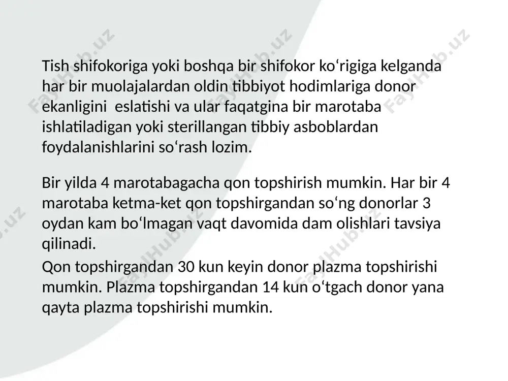 aniqlash, oiv/oits, gepatit «b» va «c», brutsellez, zahm kasalligini aniqlaydigan rw); 3)qon quyish markazida yuqori toifali shifokorlar ko‘rigi va ikki kunlik ish haqi saqlangan holda dam olishi uchun qon topshirganligi haqida ma’lumotnoma beriladi (qon topshirgan kuni va donor xohlagan boshqa bir kun). donor va uning huquqlari qon topshirish jarayoni qon topshirish markazlari va hududiy qon yig‘ish bo‘linmalarida 6 ta bosqichda amalga oshadi. markazga kelgandan qon topshirib ketguningizgacha 1 soat vaqtingizni ajratishingiz kerak bo‘ladi. donorlik uchun qon topshirish jarayoni qanday kechadi? birinchi bosqich: tibbiy so‘rovnomani to‘ldirish qon topshirish hududiga kelgan har bir donorga donorlik qilish uchun so‘rovnoma berilib, uni to‘ldirish so‘raladi. bu so‘rovnomadagi savollar «donor va bemor xavfsizligi»ni ta’minlovchi muhim bo‘lgan tushunchalarni o‘z ichiga oladi: 1)sog‘lig‘ingiz holati, isitma, gripp, so‘ngi qabul qilingan dorilar, yurak xastaliklari, surunkali kasalliklar, jarrohlik muolajalari va boshqalar; 2)hayotingizda yuz bergan va sog‘lig‘ingiz uchun xavf tug‘dirishi mumkin bo‘lgan voqealar: sayohat, giyohvand moddalar iste’mol qilish va boshqalar; ikkinchi bosqich: …
