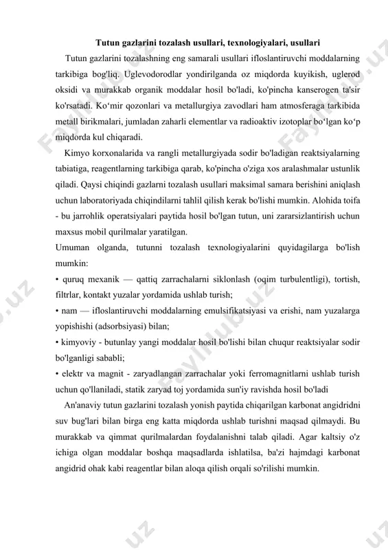 ida joylashadi. pastdagi konusni vaqti-vaqti bilan tozalash kerak, chang massasi bilan to'ldirilgan. chiqish orqali yuqoridan tozalangan havo yoki karbonat angidridning suv bug'lari bilan deyarli toza aralashmasi chiqariladi. tozalagichlar qattiq zarrachalardan chiqindi gazlarni quruq tozalash nam tozalashga qaraganda samarasiz. shu sababli, qoldiq mpc aralashmalariga talab ortib borayotganligi sababli, korxonalar odatda "ho'l" tozalash moslamalaridan foydalanadilar. nam gaz tozalash moslamasi quruq siklonlash uchun ishlatiladiganga o'xshash korpusdan iborat, ammo suyuqlik ichida (qo'shimchalar bilan suv) atomizatsiya qilinadi. devorlardan oqayotgan tomchilar, tuman va suyuqlik bilan aloqa qilishda nafaqat chang zarralari ushlanib qoladi. ba'zi gazsimon moddalar, masalan, oltingugurt va azot oksidi, suyuq faza, shuningdek, erigan qo'shimchalar bilan faol ta'sir o'tkazadi. suvni purkash sxemalari har xil bo'lib, odatdagi tutun gazini tozalash moslamasi bir nechta gorizontal qatorli nozullar (darajalar) bilan jihozlangan. korpusni qismlarga ajratish juda oson, nozullar muntazam tozalanadi va ta'mirlanadi, agar kerak bo'lsa, almashtiriladi. ishning uzluksiz aylanishiga ega bo'lgan korxonalarda ko'krak ustunlariga texnik xizmat ko'rsatishda tutun oqimlarini almashtirish …