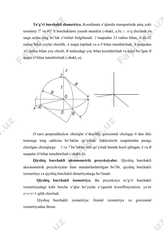o3 va o4 lar bilan tutashtirib davom ettirilsa, oval yoylarida o’tish nuqtalari m,n,k,l lar belgilanadi. o3 va o4 lardan ovalning uchlari yumaloqlanadi. katta o’qi ab=1,30 d ga, kichik o’qi cd=0,54 d li ovalni chizish ( -shakl, e) uchun d diametrli aylana chiziladi va 450 li burchak teng ikkiga bo’linsa, katta o’q yo’nalishi aniqlanadi. katta o’qqa perpendikulyar qilib kichik o’q o’tkaziladi. aylana markazi o dan kichik o’qqa 1,25 s ga teng masofalar ikki tomonlama o’lchab qo’yiladi. o1 dan 12 yoy, o2 dan 34 yoylar chizilib biroz davom ettiriladi. aylananing katta o’q bilan kesishgan nuqtalari o1 va o2 larni o3 va o4 lar bilan tutashtirib, oval yoyida o’tish nuqtalari m,n,k,l lar topiladi va ularning ishtirokida oval uchlari yumaloqlanadi. silindrik detalning frontal izometriyasini chizishda, u proyeksiyalarda qanday tasvirlanishiga qaramay, doimo aylanalar v ga parallel joylashtirilib chiziladi ( -shakl, b). detalning teshigini ochib ko’rsatish maqsadida uning chorak qismi qirqiladi, kesimni shtrixlash sxemasi -shakl, c …