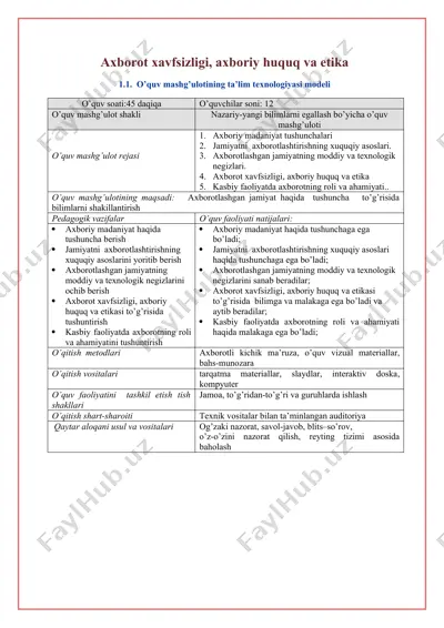 o’quv mashg’ulotining ta’lim texnologiyasi modeli — DOCX