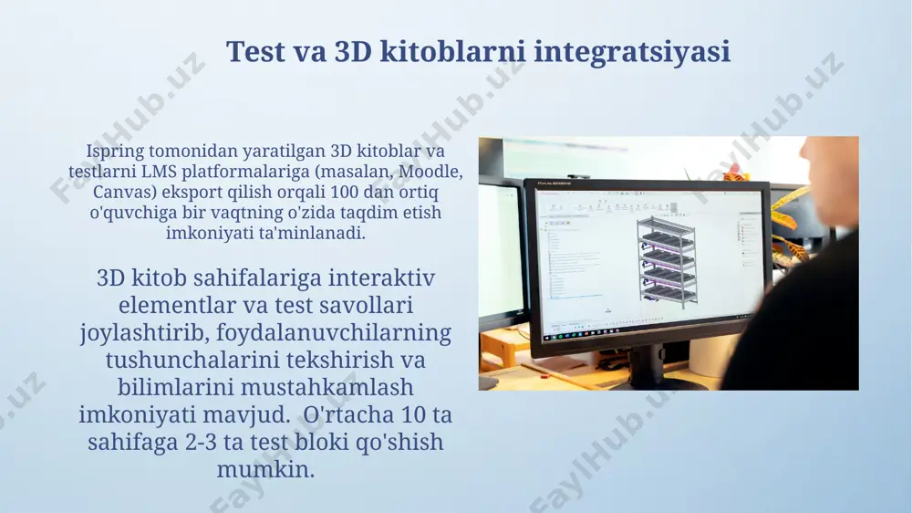 dagi interaktiv testlar yaratish mumkin, jumladan, to'g'ri/noto'g'ri, ko'p tanlovli va tartiblab qo'yish kabi variantlar mavjud. savol-javob va muhokama savol-javoblarni yaratishda ispring-ning 5 xil turdagi test shakllarini qo'llash orqali, foydalanuvchilarning bilish darajasini aniq baholash imkoniyati tug'iladi, bu esa natijalarni tahlil qilishni soddalashtiradi. 3d kitoblarga qo'shilgan interaktiv savol-javoblar, o'rtacha 25% ga ko'proq ma'lumotni o'zlashtirishga yordam beradi va 10 ta savoldan iborat test tuzilishi samarali hisoblanadi. foydalanish misollari ispring tarkibiy qismlaridan foydalanib, 20 daqiqalik videoni interaktiv elementlar, 3d modellari va testlar bilan boyitib, o'quv materialining samaradorligini 30% ga oshirish mumkin. testlarni yaratishda ispring yordamida 100 tagacha turli xil savol turlarini qo'llash va ularni 5 ta turli reyting tizimlari bilan baholash imkoniyati mavjud. interaktiv elementlarni qo'shish interaktiv elementlarni joylashtirish uchun 20 dan ortiq turli xil shablonlar va dizayn imkoniyatlari mavjud bo'lib, ularning har biri o'ziga xos xususiyatlarga ega. o'quvchilarning interaktiv elementlar bilan ishlashiga qarab, to'g'ri yoki noto'g'ri javoblarga bog'liq holda, 5 ta turli xil …