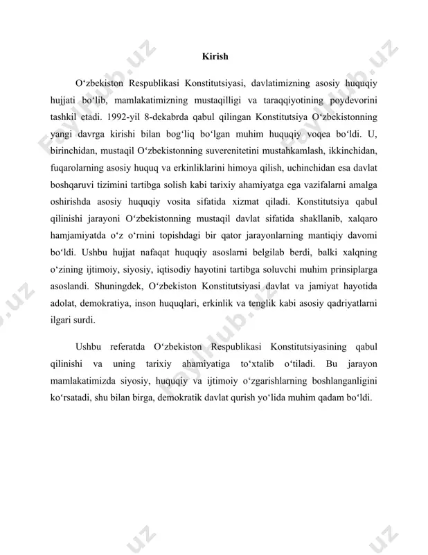 a oshirildi. ushbu islohotlar, asosan, "mustaqillik qomusi" deb ataladigan oʻzbekiston respublikasining konstitutsiyasini qabul qilish orqali boshlandi. konstitutsiya, mustaqillikning poydevori sifatida, davlatning huquqiy asoslarini yaratdi va fuqarolarning huquq va erkinliklarini taʼminlashga xizmat qildi. mana shunday muhim voqealarni amalga oshirish jarayonida oʻzbekiston quyidagi oʻn huquqiy qadamlarga asos soldi. birinchi muhim qadam 1991-yil 31-avgustda oʻzbekiston respublikasi mustaqillikni eʼlon qilishi bo‘ldi. bu huquqiy voqea, sovet ittifoqining mavjudligi tugatilganidan so‘ng, o‘zbekiston xalqining o‘z taqdirini mustaqil ravishda belgilash huquqini qo‘lga kiritdi. mustaqillikni eʼlon qilish fuqarolarga yangi erkinliklar taqdim etdi, davlatni mustahkamlash va uning xalqaro maydonda tan olinishiga asos bo‘ldi. oʻzbekiston respublikasi mustaqil davlat sifatida yangi davrni boshladi, shu bilan birga, xalqaro hamjamiyatda o‘z o‘rnini topishga qadam qo‘ydi. mustaqillikning poydevorini mustahkamlashda 1992-yil 8-dekabrda qabul qilingan oʻzbekiston respublikasining konstitutsiyasi katta ahamiyatga ega bo‘ldi. ushbu hujjat, oʻzbekistonning yangi siyosiy tizimini mustahkamlash va huquqiy davlat qurish uchun zaruriy asos bo‘ldi. konstitutsiya, barcha fuqarolar uchun tenglik, erkinlik, adolat va qonun ustuvorligini …