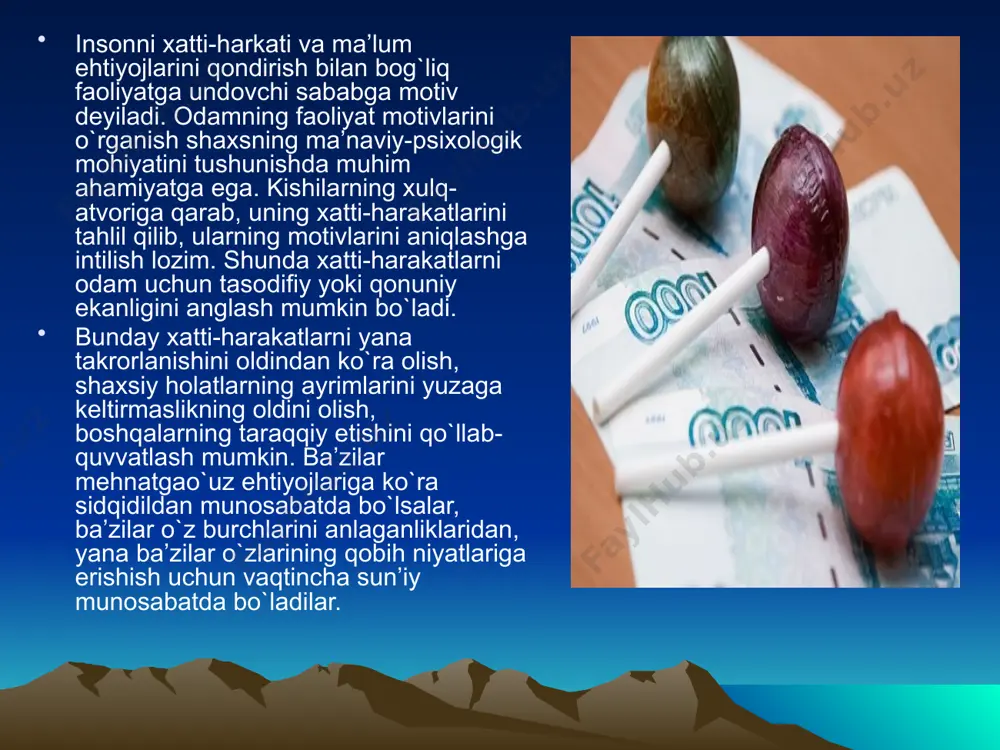 idagicha tavsiya etadi: motivatsiyaning bir necha psixologik nazariyalari mavjud: 1. qaror qabul qilish nazariyasida ta’kidlanishicha inson ongi tafakkurga, iroda va xatti harakatni tanlash imkoniyatiga ega. demak, inson xulqi motivining asosi aql, ong va inson irodasidir. 2. instinktlar nazariyasida (z.freyd, u.magdugall) – biologizator nuqtai nazari mavjud bo`lib, unga asosan insonga, hayvonlarga xos instinktlar biriktirilgan. xx asrning 20-yillarida instinktlar nazariyasi o`rniga inson xulq atvorini biologik ehtiyojlar bilan bog`lovchi kontseptsiya yuzaga keladi. 3. xulq atvor motivatsiyasi nazariyasi va oliy nerv faoliyati nazariyasi. xx asr boshida paydo bo`lib, xulq atvor «stimul – reaktsiya» sxemada ko`rib chiqiladi. i.p.pavlov va uning izdoshlari n.a.bernshteyn va p.k.anoxin xulq atvor dinamikasi funktsional sistemasi modelini ishlab chiqqanlar. 4. motivatsiyaga kognitiv yondoshuv nazariyasi – inson xulq atvorini tushuntirishda uning ongi va bilimi bilan bog`liq fenomenlarga alohida e’tibor beriladi. qqq5. faoliyat nazariyasi (a.n.leont’ev) ga asosan motivlarni yuzaga keltiruvchi kuchlar ehtiyojlardir. bundan shunday qonuniyat yuzaga keladiki, motivlar rivojlanishi faoliyat kengligining rivojlanishi bilan bog`liq …
