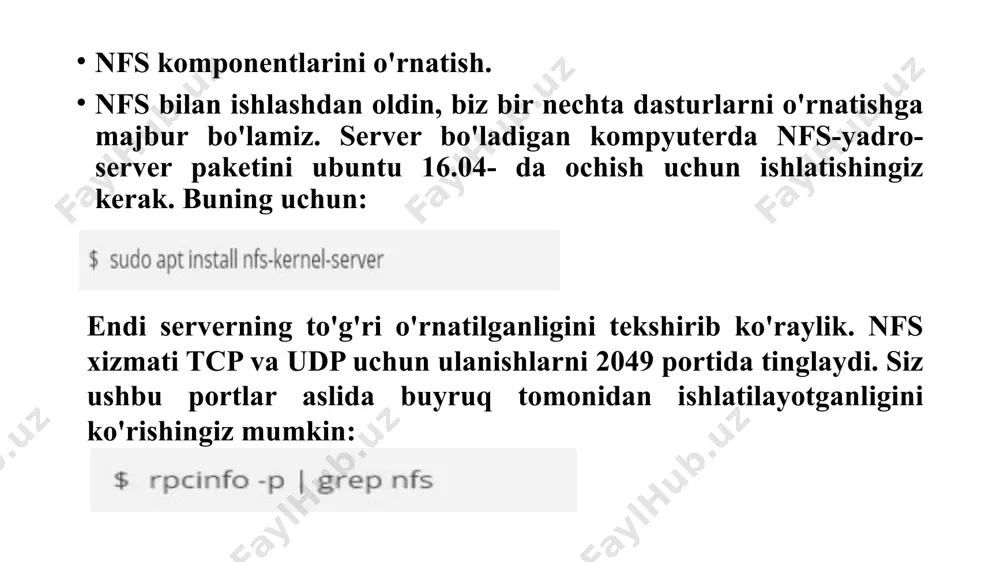 `rnatiladi. nfs server orqali esa siz, tarmoqdagi istalgan kompyuter kataloglarini o`zingizni katalogingiz sifatida ko`rishingiz mumkin bo`ladi. hujjatlar boshqa kompyuterda joylashgan bo`ladi, lekin siz bu hujjatlarni o`zingizning kompyuteringizda saqlanayotgandek bo`lasiz. qisqasi, nfs server, tarmoqda fayllar almashinuvini soddalashtirish uchun qo`llaniladi. agar yuqoridagi nazariy tushuntirishni tushunmagan bo`lsangiz, quyida misol orqali tushunmagan joylaringizni tushunib olishingiz mumkin bo`ladi. nfs serverni tushuntirishda linux operatsion tizimining red hat distributividan foydalandim va barcha kodlar bu operatsion tizimda xatosiz ishlaydi. boshqa distributivlarda ham ishlashi kerak. nfsni ishlashi uchun operatsion tizim(red hat)da "system-config-nfs.rpm" nomli paket o`rnatilgan bo`lishi lozim. bu paket orqali ham nfs serverni, ham nfs klientni sozlash mumkin. boshqa distributivlarda server qismi uchun: $sudo apt-get install nfs-kernel-server nfs-common portmap klient qismi uchun: $sudo apt-get install portmap nfs-common larni o`rnatish lozim. nfs server qismini sozlaymiz(misol uchun 192.168.1.17). server qismini sozlash faqatgina bitta fayl orqali amalga oshiriladi. /etc/export. shu fayl ichiga quyidagilarni yozamiz: /home/user/akmx 192.168.1.18 (rw,no_root_squash,async) va saqlaymiz. bu yozuvdan quyidagilarni …