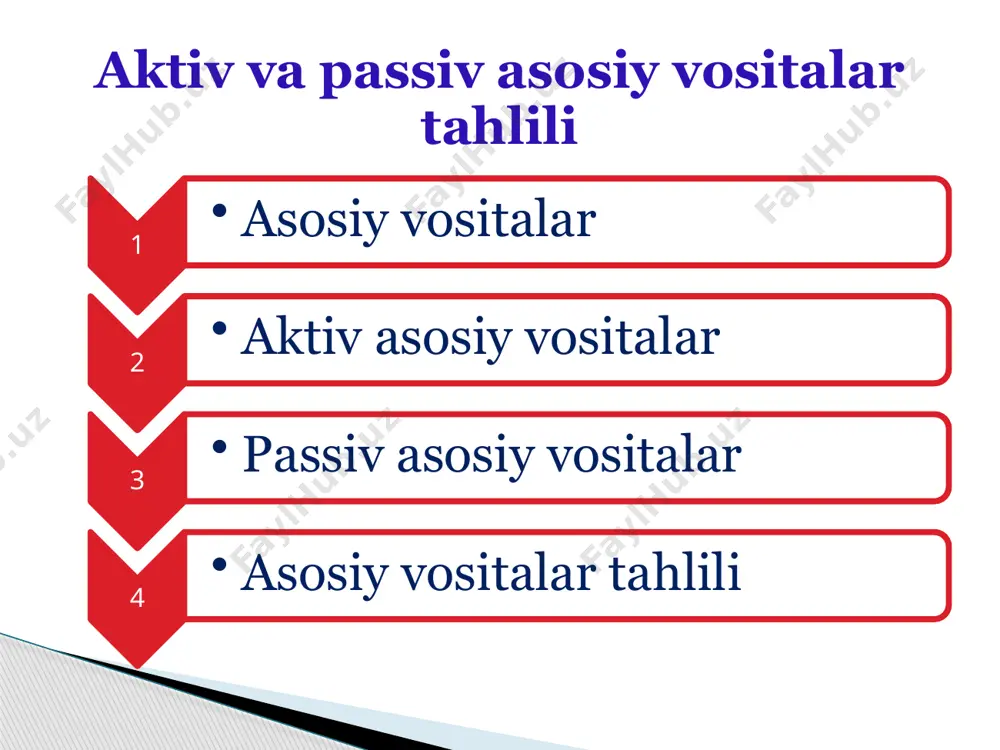boʻlgan, bozori chaqqon aktiv (veksellar, qimmatbaho qogʻozlar, oltin, naqd pul va boshqalar) likvid aktiv deyiladi aktiv asosiy vositalar passiv (lot. passivus — harakatsiz) — 1) korxonaning hamma qarzlari va maj-buriyatlari (aktivning teskari holati); 2) buxgalteriya balansining oʻng qismi, korxona mablagʻlarining paydo boʻlishi, egaligi va maqsadlariga qarab guruhlangan (oʻz zaxiralari, boshqa muassasalardan olingan qarzlar) moliyalash manbalarini ifoda etadi passiv asosiy vositalar tahlil uchun zarur bo‘lgan ma’lumotlar 3 - shakl “asosiy vositalar harakati to‘g‘risida hisobot” shaklidan olinadi. ushbu tasnif tahlil maqsadlari uchun foydalaniladi. asosiy vositalami о‘rganishda ulaming texnik holat va harakat ko‘rsatkiehlariga muhim ahamiyat beriladi. asosiy vositalar tahlili asosiy vositalaming holat ko‘rsatkichlariga quyidagilar kiritiladi: 1 asosiy vositalaming yaroqlilik darajasi; 2 asosiy vositalaming eskirish darajasi. yaroqlilik darajasi asosiy vositalaming qoldiq qiymatini ulaming boshlang‘ich qiymatiga bo‘lish’orqali; eskirish darajasi asosiy vositalaming eskirish qiymatini ulaming boshlang‘ich qiymatiga bo‘lish asosida aniqlanadi. yaroqlilik va eskirish koeffisentlari yig‘indisi koeffisentda 1 ga, foizda 100 teng bo‘ladi. asosiy vositalar tahlili asosiy …