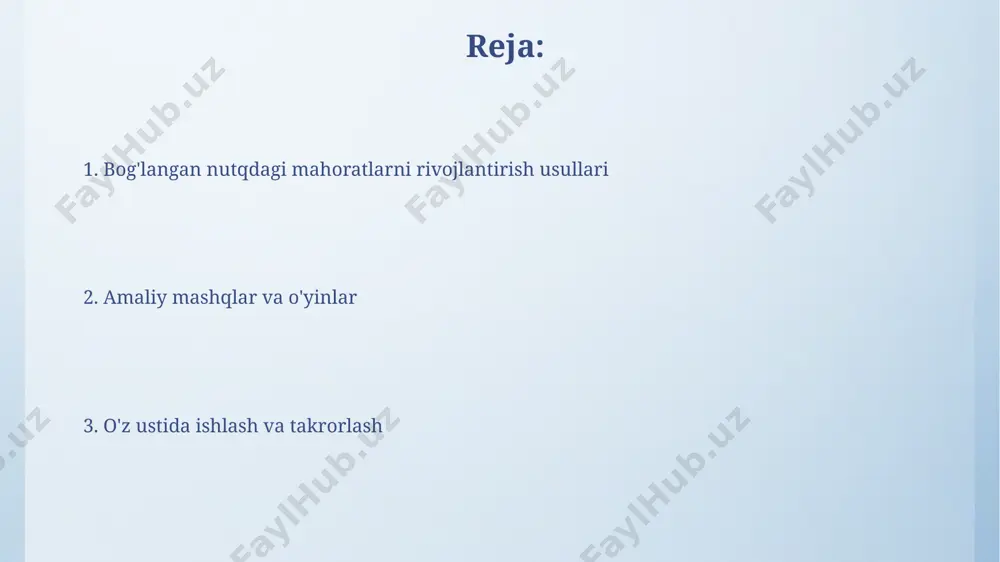 fuzni rivojlantirish uchun 5-10 daqiqali muntazam mashqlarni, masalan, 10 ta turli so'z birikmalarini samarqand shevasida o'qishni tavsiya etamiz. urg'u qo'yishni yaxshilash uchun, 20 ta inglizcha gapni, har bir so'zda urg'uni aniqlab, 5 marta takrorlash kerak. bu toshkentdagi til kurslarida qo'llaniladigan usul. dialogik nutqni rivojlantirish samarqanddagi 5 yoshdan 10 yoshgacha bo'lgan bolalar bilan o'tkazilgan tadqiqotlar shuni ko'rsatdiki, dialogik nutqni rivojlantirish uchun o'yinlar va rollarni ijro etish usullari samaraliroqdir. fergana vodiysida o'tkazilgan eksperiment natijalariga ko'ra, 3 oy davomida haftada 3 marta 20 daqiqalik intensiv mashg'ulotlar dialogik nutqning aniqligi va oqimi kabi 3 ta asosiy ko'rsatkichni sezilarli darajada yaxshilaydi. bog'langan nutqda aniq ko'nikmalarni rivojlantirishning asosiy usullari bog'langan nutqda intonatsiyani to'g'ri qo'llash uchun, 50 ta turli gap tuzilmalarini o'z ichiga olgan mashqlar to'plamini muntazam, masalan, har kuni 30 daqiqa davomida, toshkentdagi nutq terapiyasi markazida o'rganish tavsiya etiladi. fonetik ko'nikmalarni yaxshilash uchun, ingliz tilidagi 10 ta qo'shiqni tinglash va ularni takrorlash, har bir so'zni aniq …