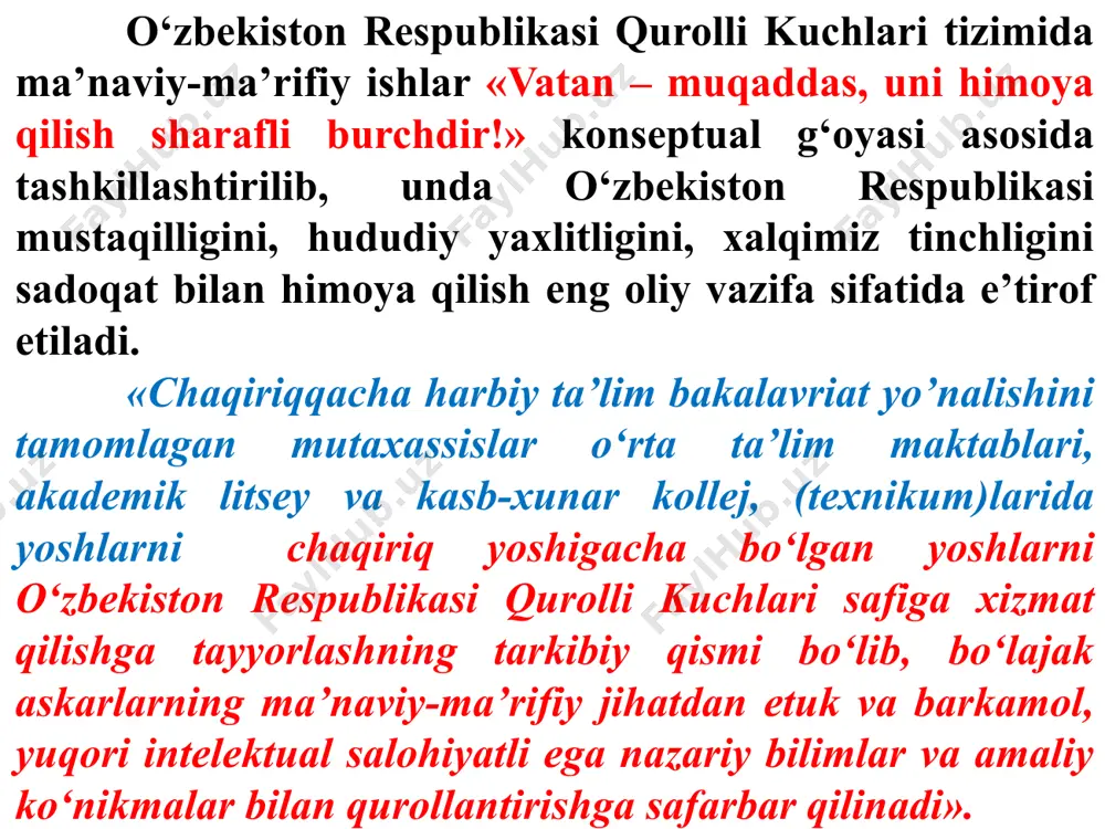 on qaroriga 1-ilova o‘zbekiston respublikasi qurolli kuchlari tizimida ma’naviy-ma’rifiy ishlar samaradorligini oshirish konsepsiyasi 1-bob. umumiy qoidalar 2-bob. konsepsiyaning asosiy maqsadi va vazifalari 3-bob. konsepsiyani amalga oshirish bosqichlari va yo‘nalishlari 4-bob. konsepsiyani amalga oshirish mexanizmi 5-bob. konsepsiyani amalga oshirishdan kutilayotgan natija 7. harbiy xizmatchilarning ma’naviyati va dunyoqarashlari, vatanga bo‘lgan sadoqat tuyg‘ulari, vatanparvarligi, harbiy kasbga bo‘lgan qiziqishlari temurbeklar maktablarida, kichik mutaxassislarni tayyorlash markazi va oliy harbiy ta’lim muassasalarida hamda qo‘shinlardagi harbiy xizmat davomida takomillashib boradi. 8. konsepsiyani amalga oshirish borasidagi ishlar uch bosqichda amalga oshiriladi: birinchi bosqich (shakllantirish) — temurbeklar maktablari va akademik litseylarning maxsus guruhlarida ta’lim olayotgan o‘quvchi-yoshlar bilan tashkil etiladi. mazkur ta’lim muassasalarida ma’naviy-ma’rifiy ishlarning turli yo‘nalishlari, usul va shakllaridan foydalanilgan holda sog‘lom va jismonan baquvvat, ruhan barqaror, bilimli, intellektual salohiyati yuksak, vatanparvar, fidoyi, dunyoqarashi keng yoshlar shakllanadi. ushbu bosqichda quyidagi masalalarga: buyuk tariximiz, ulug‘ alloma va mutafakkirlarimiz, milliy urf-odat, an’ana va qadriyatlarning mohiyatini, ajdodlar boy merosining hayotimizdagi o‘rni va …