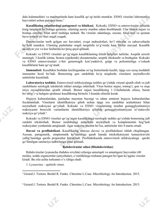 arni maymun, odam embrioni buyraklarining hujayra kulturasi va hela hujayralariga yuqtiriladi. bu hujayra kulturalaridagi poliovirusning spt bo‘yicha virus reproduksiyasi aniqlanadi. tipga xos zardoblar yordamida hujayra kulturasiga neytralizatsiya qilish reaksiyasini qo‘yib, viruslar identifikatsiya qilinadi.[footnoteref:3] [3: gerard.j. tortora. berdel r. funke. chrestine l.case. microbiology an introduction. 2015. ] poliomielit kasalligida bemor qonida komplementni bog‘lovchi va viruslarni neytrallovchi antitelolar paydo bo‘ladi. ular titri kasallik dinamikasida ortib boradi. shu sababli bemordan juft-juft zardoblar olinib (3-4 hafta oralig‘ida) kbr va neytrallash reaksiyalari virusning etalon shtammlari bilan qo‘yiladi. davolash. sholga qarshi maxsus davo yo‘q. asosan odam immunoglobulinlari yuboriladi va simptomatik davo choralari qo‘llaniladi. profilaktikasi. sholning maxsus profilaktikasi 1954 yil amerikalik virusolog j.solk tomonidan taklif qilingan. u formalin yordamida virusning 1, 2, 3-tiplaridan o‘ldirilgan vaksina tayyorladi. bu vaksina organizmda yuqori immunogenlik xususiyatiga ega bo‘lib, asosan, igm va igg antitelolar hosil qiladi. ammo bu vaksina ichak shilliq avati hujayralaridagi viruslarning ko‘payishiga to‘sqinlik qila olmaydi, chunki, vaksina muskul orasiga …