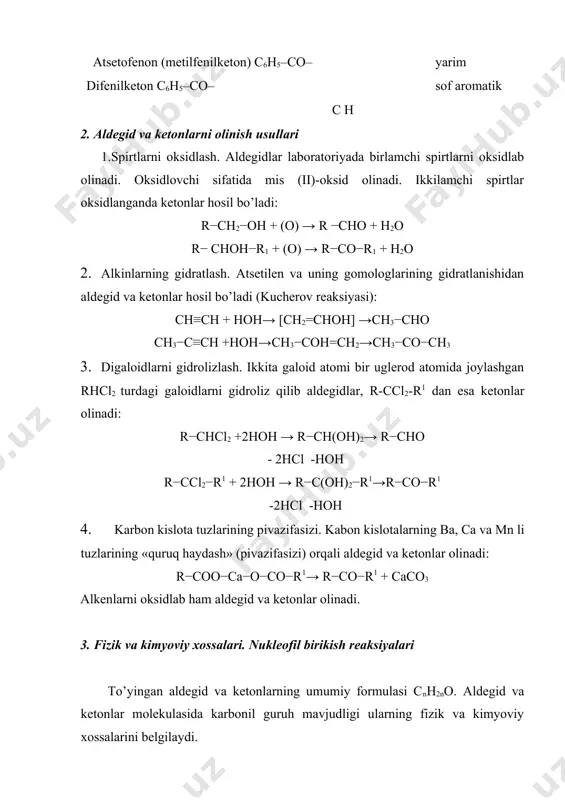 ikish reaksiyaga oson kirishadi. nukleofil birikish reaksiyaning birinchi bosqichida nukleofil zarracha karbonil guruh uglerodiga hujum qilib unga birikadi va qo’shbog’ uziladi. reaksiyaning ikkinchi bosqichida elektrofil zarracha kisloroddagi manfiy zaryadni neytrallaydi va reaksiya mahsuloti hosil bo’ladi. aldegidlarga suv birikishi nukleofil birikish mexanizmda boradi. karbonil guruhga suvni birikishi (gidratlanish) qaytar reaksiyadir. suvli eritmada aldegid va ketonlarning gidratlanish darajasi substratning tuzilishiga bog’liq. masalan, suvli eritmada formaldegid 99,9% gidratlangan bo’ladi, atsetaldegid taxminan 57% gidratlangan bo’ladi. ketonlar esa suv bilan reaksiyaga kirishmaydi (0,2%). uchxlorsirka aldegid 100% gidratlanadi. gidratlangan mahsulotlarni sof holda ajratib bo’lmaydi, chunki, bitta uglerod atomida ikkita gidroksil guruhi joylashgan birikmalar beqaror bo’lib, parchalanadi va qaytatdan aldegid va suv hosil bo’ladi. suvga nisbatan nukleofilroq bo’lgan spirtlar aldegidlar bilan ta’sirlashganda ya r i m a ts e t a l l a r n i hosil qiladi. yarim atsetallar mo’l miqdordagi spirtlar bilan kislotali sharoitda a ts e t a l l a r g …