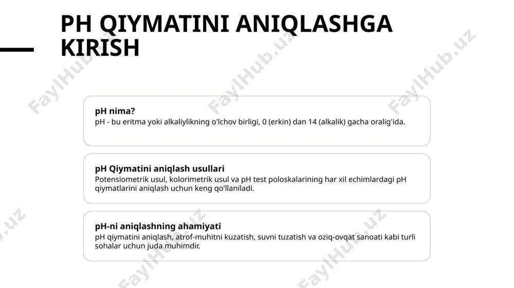 r, referans elektrodi barqaror potensialni taqdim etadi va ko'rsatuvchi elektrodi ph o'zgarishlariga javob beradi. elektrodlarni doimiy tozalash va kalibrlash, ph miqdorini aniqlashda aniqlik va ishonchli o'lchovlarni ta'minlaydi, elektrodlarning umrini va samaradorligini uzaytiradi. kalibratsiya ph-elektrodaları 1 2 3 ph elektrod kalibratsiyasining ahamiyati kalibratsiya jarayoni ph-elektrodlari uchun ph elektrodining kalibrlash chastotasi kalibrlash, ilmiy tadqiqotlar va sanoat jarayonlarida xato vaqtinchaliklarni oldini olish uchun ph miqdorlarini aniqroq o'lchashni ta'minlaydi. kalibrlash jarayoni elektrodniği odatda 4.01, 7.00 va 10.01 ph qiymatga ega bo'lgan bufer echilgan echilgan echilgan echilgan echilgan echilgan echilgan echilgan echilgan echilgan echilgan echil ph elektrodlari har bir ishlatilishdan oldin kalibrlanishi kerak va ph o'lchovlarida aniqligini va ishonchini saqlash uchun doimiy tekshirilishi kerak. ph-ni aniqlash tuzilmasi elektrodlar tanlovi kalibrlash jarayoni namunaviy tayyorlash tanlangan namunaviy elektrodni namunaviy turlarga mos ravishda tanlang, masalan, suyushtirilgan echki uchun qoziq, yoki suyushtirilmagan namunalarga massiv holatdagi elektrodni tanlang. ph metrini aniq va ishonchli o'lchovlar uchun standart tampon echilganlarini turli ph …