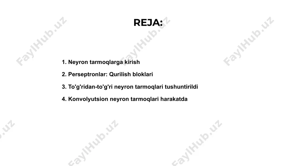 aniqlashi, ularni toifalarga ajratishi va hatto yangi tasvirlarni yaratishi mumkin. ularning naqshlarni o'rganish qobiliyati ularni kuchli vositalarga aylantiradi. 5. takrorlanuvchi neyron tarmoqlari va xotirasi 01 takroriy neyron tarmoqlari (rnn) - o'tmishdagi kirishlar xotirasini saqlab, ketma-ket ma'lumotlarni qayta ishlash uchun mo'ljallangan neyron tarmoq turi. bu rnn-larga tilni tarjima qilish va nutqni aniqlash kabi vazifalarni yaxshi bajarishga imkon beradi. 02 rnn-lar har bir qatlamning chiqishini tarmoqqa qaytarish orqali ishlaydi, bu esa tarmoqqa ketma-ket kirish ma'lumotlaridan naqshlarni o'rganish imkonini beruvchi qayta aloqa zanjirini yaratadi. o'tgan ma'lumotlarni eslab qolish qobiliyati rnn-larga kontekst yoki xotirani talab qiladigan vazifalarda afzallik beradi. 03 ketma-ket bog'liqliklarni qo'lga kiritish samaradorligiga qaramay, rnnlar yo'qolib borayotgan gradient muammosi tufayli uzoq muddatli bog'liqliklar bilan kurashishi mumkin. ushbu muammoni hal qilish uchun tarmoqning xotirani saqlash imkoniyatlarini yaxshilash uchun uzoq qisqa muddatli xotira (lstm) va gated recurrent unit (gru) kabi o'zgarishlar ishlab chiqilgan. 6. generativ raqib tarmoqlari asoslari 01 generativ qarama-qarshilik tarmoqlari (gan) ikkita …