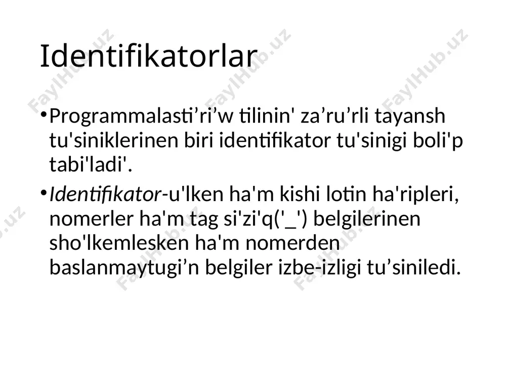 aqiri sanlardi qosiw ma’sele: eki sandi kiritiw ham qosindisin tabiw. protokol: eki sandi kiritin’ 25 30 25+30=55 kompyuter paydalaniwshi kompyuter esaplaydi! qosiwdin’ psevdokodi main() { // sanlardi kiritiw // olardin’ summasin esaplaw // ekrang’a summani shig’ariw } psevdokod – programmalastiriw elementleri menen jazilg’an tu’sinikli bo’lg’an algoritm kompyuter psevdokodti orinlay almaydi! ! o’zgeriwshiler o’zgeriwshi – bul atina, tipine ha’m ma’nisine iye bo’lg’an shama. programmanin’ orinlaniwinda o’zgeriwshinin’ ma’nisi o’zgeriwi mumkin. ma’nisi ati ekinshi berilgenler tipi ornalasadima? ? o’zgeriwshide aniq bir tiptegi berilgenler saqlanadi! ! o’zgeriwshilerdin’ atlari isletiw mumkin latin haripleri(a-z, a-z) tsifrlar astina siziw belgisi_ ulken ha’m kishi haripler parqlanadi at tsifrdan baslanbaydi o’zgeriwshilerdin’ atlari qaysilari duris? axby r&b 4wheel вася “pesbarbos” tu154 [ququ] _abba a+b o’zgeriwshilerdi dag’zalaw o’zgeriwshiler tipleri: int // pu’tin float // haqiyqiy и другие… o’zgeriwshilerdi dag’zalaw: int a, b, c; yad ajiratiw tip – pu’tin o’zgeriwshiler dizimi