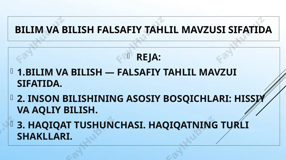 faylasuf, san’atkor va boshqalarning, umuman insonning bilimlar hosil qilish uchun ilmiy faoliyati qaratilgan narsa, xodisa, jarayon, munosabatlar bilish obyektlari hisoblanadi. bilish obyektlari moddiy, ma’naviy, konkret, mavhum, tabiiy va ijtimoiy bo’lishi mumkin. bilish obyektlari eng kichik zarralardan tortib ulkan galaktikagacha bo’lgan borliqni qamrab oladi. bilish obyektlariga asoslanib, bilim sohalari tabiiy, ijtimoiy-gumanitar va texnik fanlarga ajratiladi. inson bilishining asosiy bosqichlari: hissiy va aqliy bilish. insonning sezgi a’zolari (ko’rish, eshitish, hid bilish, ta’m bilish, teri sezgisi) boshqa mavjudotlarda bo’lgani singari uning narsalarga xos xususiyat, belgilarini farqlash, tabiiy muhitka moslashish va himoyalanishi uchun yordam beradi. bilishning quyi bosqichida sezgi, idrok, tasavvur, diqqat, xayol tashqi olam to’g’risida muayyan bilimlar hosil qilishga yordam beradi.bilishning yo’qori bosqichi faqat insonlargagina xos bo’lib, aqliy bilish (rasional bilish) deyiladi. agar inson o’z sezgilari yordamida narsa va xodisalarning faqat tashqi xossa va xususiyatlarini bilsa, tafakkur vositasida narsa va xodisalarning ichki mohiyatini bilib oladi. mohiyat hamisha yashirindir, u doimo xodisa sifatida namoyon …