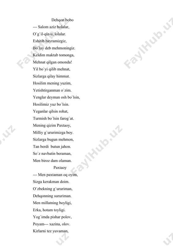 quyoshni ham suyaman. gap yig`ilsa-chi xirmon, men bilan uzun karvon. zavodga yo`l olaman, sizga kiyim bo`laman. kiyintirib anchani, quvnataman barchani. ,,paxtaoy” kuyiga qizaloqlar paxtaoyni o`rtaga olib raqsga tushadilar. guruh o`quvchilari o`zlarini tanishtiradilar. 1-guruh ,,mevalar” guruhi --- biz mevalar totlimiz, shirin-shakar qandlimiz. bizsiz kuz serob kelmas, dasturxon to`kin bo`lmas. biz bilan go`zal bog`lar, kuzgi ajoyib chog`lar. olib qo`ysangiz bir oz, qishingiz o`tar ko`p soz. quritsangiz ham bo`lar, bozor biz bilan to`lar. yong`oq aqlning koni, bizlar bolalar joni. uzumdan shinni bo`lar yesangiz tomoq olar. olma, behi , nok, anor, yesangiz quvvat bo`lar. bolalar do`st bo`linglar ko`proq yeb sog`yuringlar. 2 -guruh. ,,sabzavotlar” she’rini aytadilar biz sabzavot bo`lamiz, yerda kuib turamiz. yerning to`tta faslida, kerakmiz biz aslida. biz bilan totli ovqat, bizsiz qilmaysiz toqat. bo`lay desangiz sog`lom, ko`proq yeng bizdan polvon. kuch-qudratga to`lasiz, chempion ham bo`lasiz. aqlingiz to`la bo`lar, kasallik dog`da qolar. ming bir xil dardga davo aylagan sino bobom. ko`p yeng piyoz va …