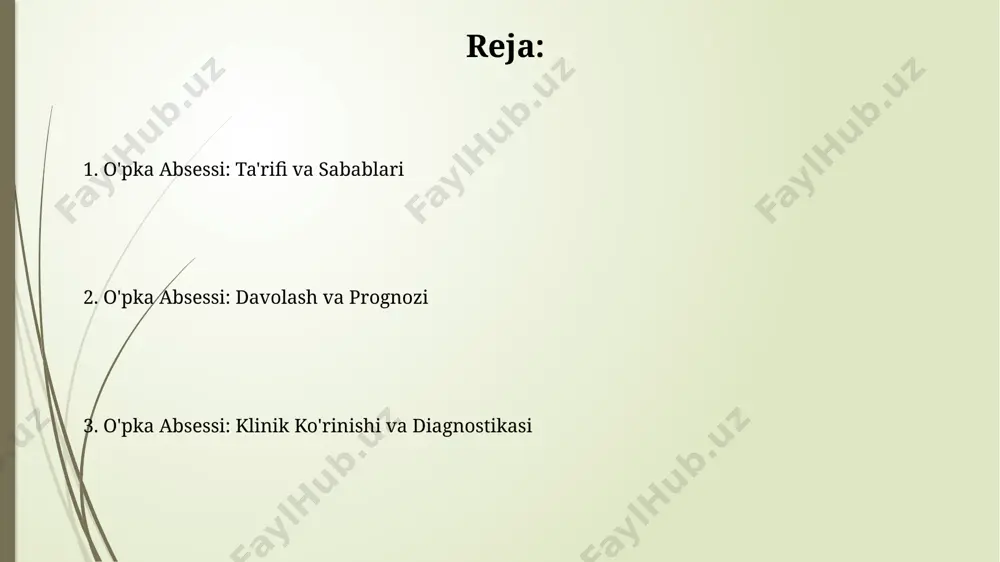 necha segmentlarida 5 sm dan kattaroq suyuqlik to'planishini (absses) aniqlash imkonini beradi. o'pka abssessi bilan og'rigan bemorlarda tana harorati 38-40°c gacha ko'tarilishi, kuchli titroq va terlash kuzatiladi, bu sepsis xavfini ko'rsatadi. o'pka absessi nima? o'pka absessi – bu o'pkaning bir qismida yiring to'planishi bilan tavsiflanadigan jiddiy bakteriyalar yoki qo'ziqorin infektsiyasi bo'lib, diametri 1 sm dan katta bo'lishi mumkin. o'pka absessining asosiy sabablari orasida aspirasion pnevmoniya (nafas olish yo'llari orqali oziq-ovqat yoki boshqa moddalarning o'pkaga kirishi), pnevmoniya va o'pka ichidagi infektsiyalar mavjud. taxminan 70% hollarda bakteriyalar sabab bo'ladi. tashxis qo'yish o'pka abssesining diagnostikasi ko'pincha 50% dan ortiq leykotsitoz, yuqori crp va esr ko'rsatkichlari bilan birga kechuvchi klinik belgilar, masalan, yuqumli kasallik belgilari va ko'krak qafasi rentgenogrammasi yordamida amalga oshiriladi. balg'am madaniyati va sezgirlik tekshiruvi patogenni aniqlash va samarali antibiotik terapiyasini tanlash uchun juda muhim bo'lib, taxminan 70-80% hollarda aniq natijalar beradi. gram bo'yash ham foydali bo'lishi mumkin. e'tiboringiz uchun rahmat @taqdimot_robot …
