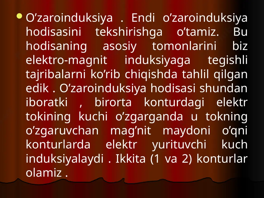 rning o’zaroinduksiyasi haqida gapirish mumkin ekan. munosabatdan foydalanib, quyidagi ta’rifni berishimiz mumkin: ikki konturning l21 o’zaroinduksiya koffisenti konturlarning biridan tok birligi tomonidan hosil qilinayotgan va ikki konturni kesib o’tayotgan magnit induksiya oqimining son qiymatiga tengdir. munosabatdan o’zaroinduksiya koffisentining ikkinchi (dinamik) ta’rifini topamiz: ikki konturning l12 o’zaroinduksiya koffisentining son qiymati konturlarning biridagi tokning kuchi vaqt birligi ichida tok kuchi birligiga o’zgarganda ikkinchi konturda hosil bo’lgan induksiya elektr yurituvchi kuchiga tengdir. o’zgaruvchan tok zanjirida ajralib chiqadigan quvvat . o’zgaruvchan tok zanjirida ajralib chiqadigan quvvatni qarab chiqaylik. tok kuchining oniy qiymati bilan elektr yurituvchi kuchning oniy qiymati ko’paytmasi quvvatining oniy qiymatiga teng bo’ladi: turli paytlarda quvvatning bu oniy qiymati turlicha bo’ladi, chunonchi, i yoki nolga teng bo’lgan paytlarda quvvat 0 ga teng. shuning uchun ham bizni quvvatning oniy qiymati emas, balki bu davr ichidagi o’rtacha qiymati qiziqtiradi. quvvat-ning bu o’rtacha qiymatini hisoblab topish uchun w ning ifodasini quyidagicha o’zgartirib yozamiz: quvvatning o’rtacha qiymati …