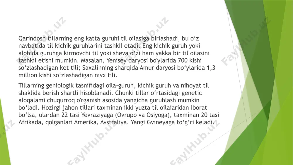 tillar, jumladan, qadimiy berber, numidiy tillari kiradi. chad tillari euruhiga (taxminan 28 mln) xausa (24 mln, sharqiy kamerun, sharqiy nigeriya, niger va chad, gana va beninda tarqaigan), ngizim, karekere (300 ming nigeriyada), kotoko (150 ming chad va kamerunda), bura (1,5 mln nigeriya va kamerunda), mandara (300 ming kamerunda, 10 ming nigeriya va chadda), angas va sura tillari (250 ming nigeriyada), musgu (200 ming kamerunda), mubi va sokoro (130 ming chadda) tillari kiradi. bu guruh tillari ayniqsa kamerunda (afrika) tarqalgani qiziqdir. iii. o ‘rol tillari oilasi uch guruhga bo‘linadi: 1. samodiy guruhi selkup (4 ming rossiyadagi tomsk oblasti va krasnoyarsk o‘lkasi, yamal-nenets milliy okrugida tarqalgan, 1930-yilda kirillitsa yozuvini qabul qilgan), nenets tili (30 ming tundrada), enets (200 ming,yenisey bo‘yida tarqalgan), nganasan (800 ming, taymir shimolida) tillaridan iborat. 2. fin-ugor tillari guruhiga venger tili kiradi (15 mln, vengriyadan tashqari ruminiya, xorvatiya, sloveniya, slovakiyada tarqalgan). ugor nomi onogur, ongur (grekcha) so‘zlaridan kelib chiqib, …