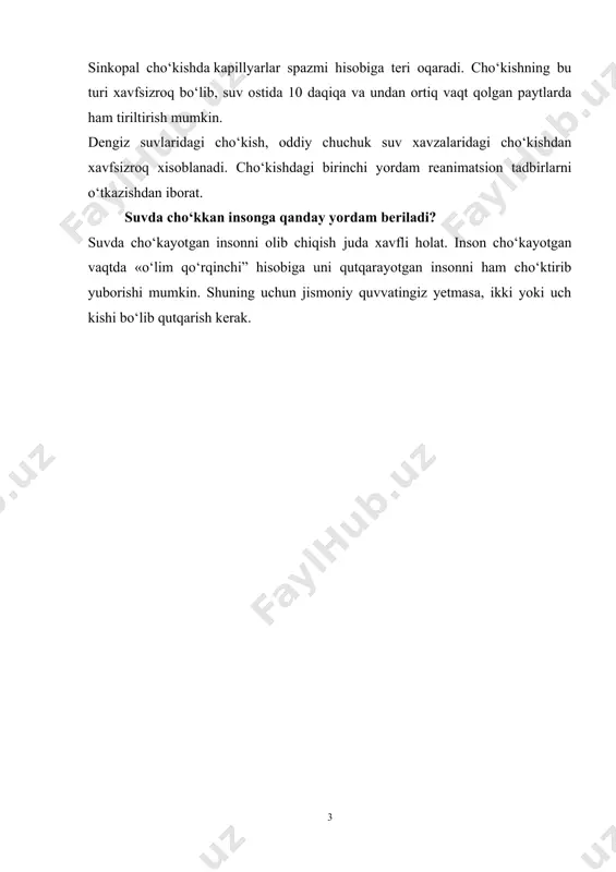 am beruvchining yelkasiga tirab olishi (uning suzishiga hech bir xalaqit qilmayedan) va yana kaytaramiz, hayajonga, vahimaga tushib qelmasdan, kuchini tejagan holda birgalikda suzib chiqinga lozim. bunday vaziyatda holdan toygan kishi bir qo'li bilan o'zi ham imkoni boricha harakat qila oladi. bordi-yu, u butunlay uchdan qolgan bo'lsa, qo'lining ushlab ketishga dori yetmasa, orqa tomondan pkki qo'li bilan utqarzvchinpng ikki yelkasrdan xiyol tutib ketishi mumkin. buning uchun kutqaruvchi o'zi bakuvvat, suzish mashkini yaxshi egallagan bo'lishi kerak. bordi-yu yordamga ikki kishi borgan bo'lsa, u holda charchab qolgan odamni o'rtalariga olib, unga yelkalarini orqadan tutib olishni taklif qilib, brass usulida suzib olib chikadilar. 1.2 cho’kishning sabablari va turlari cho'kishning sabablari va turlari. suvga cho'kish bizning jumhuriyat sharoitida asosan yoz oylarida sodir bo'lsada, ammo tog'li nohiyalarda bo'ladigan bahorgi suv toshqinlari, sel kelishlar oqibatida ham odamlar suv girdobida g'arq bo'lish hollari uchrab turadi. bunday paytlarda odamlar alba, tta, kiyim-boshda bo'ladilar. natijada sal vaqt ichida suvga botib, …