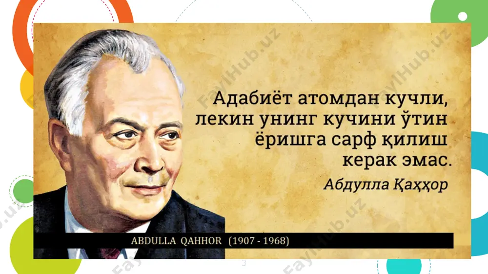unini boyitish va janr xilma-xilligini kengaytirish ustida tinimsiz ishlovchi o‘ychan va talabchan rassom a. qahhor, shuningdek, romannafislik va dramaturglikka ham qo‘l uradi. uning “shoyi so‘zana” hajviy asari mamlakatimiz va undan tashqaridagi ko‘plab teatr sahnalarini aylanib, alohida shuhrat qozongan. “ abdulla qahhor o‘zbek tiliga rus va sovet adabiyotini tarjima qilgan (a.s. pushkinning “kapitan qizi”, n.v. gogolning “revizor” va “uylanish”, l.n. tolstoyning “urush va tinchlik”, a.s. serafimovichning “temir oqim”, m. gorkiyning “mening universitetlarim”, shuningdek, a.p. chexov, m.s. shaginyan, k.a. trenyov va boshqalarning asarlari). 11 12 2007 yil o‘zbekiston jamiyati tomonidan abdulla qahhor tavalludining 100-yilligi keng nishonlangan. toshkentda o‘zbek adabiyoti rivojiga bebaho hissa qo‘shgan chinakam xalq yozuvchisiga aylangan ijodkorning haykali o‘rnatilgan. 1968 yilning 25 may kuni abdulla qahhorga “o‘zbekiston xalq yozuvchisi” unvoni berilgan, o‘limidan so‘ng “buyuk xizmatlari uchun” ordeni bilan taqdirlangan. 13 e’tiboringiz uchun rahmat! 14 image2.png image3.jpeg image1.emf image4.jpeg image5.jpeg image6.jpeg image7.jpeg image8.jpeg image9.jpeg image10.jpeg