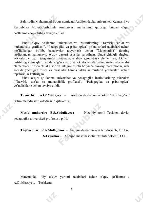 ahasisliklari hamda maxsus sirtqi, sirtqi va kechki bo`limlarning ochilishi, oliy ta’lim muassasalariga qabul kvotalarining oshirilishi mazkur yo`nalishdagi muhim islohotlar hisoblanadi. 2017 yil 20 aprel, o’zbekiston respublikasi prezidentining ”oliy ta’lim tizimini yanada rivojlantirish chora-tadbirlari to’g’risida”gi pq-2909-son qarori qabul qilindi va unda yangi avlod o`quv adabiyotlarini yaratish va ularni oliy ta’lim muassasalrining ta`lim jarayoniga keng tadbiq etish,oliy ta’lim muassasalarini zamonaviy o`quv va o’quv-metodik va ilmiy adabiyotlar bilan ta’minlash, shu jumladan, eng yangi xorijiy adabiyotlar sotib olish va tarjima qilish, axborot-resurs markazlari fondlarini muntazam yangilab borish vazifalari belgilab qo’yildi[footnoteref:1]. 2018 yil 5 iyun, o’zbekiston respublikasi prezidentining ”oliy ta’lim muassasalari ta’lim sifatini oshirish va ularning mamlakatda amalga oshirilayotgan keng qamrovli islohotlarda faol ishtirokini ta’minlash bo`yicha qo’shimcha chora-tadbirlar to`g`risida”gi pq-3775-son qarori qabul qilindi va unda o’quv mashg’ulotlarini talabalarni innovatsion fikrlashga yo`naltirilgan o’qitish texnologiyalari va interfaol uslublarni joriy etish asosida tashkil etish, asosiy e’tiborni talabalarning mustaqil ta’lim olishi bilan bog’liq mexanizmlarni amalga oshirishga qaratish kabi vazifalarning …