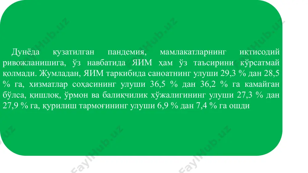 н хизматлар – жами 75356,8 92536,0 118811,0 150 889,8 193 697,8 219 978,5 жумладан, асосий турлари бўйича: ахборот ва алоқа соҳасидаги хизматлари 5181,5 6306,8 8196,7 10 332,6 10 891,7 13 852,3 молия хизматлари 8206,7 9898,4 15023,8 21 296,3 34 036,6 45 783,0 транспорт хизматлари 23643,7 26103,7 36217,2 44 159,4 54 473,5 53 662,9 шу жумладан: автотранспорт хизмати 12317,8 14701,4 20232,9 21 786,8 25 527,5 28 474,1 яшаш ва овқатланиш бўйича хизматлар 890,6 3038,7 3649,6 4 673,3 5 933,6 5 431,7 савдо хизматлари 21366,9 27368,2 32006,9 39 743,4 48 748,2 57 572,7 кўчмас мулк билан боғлиқ хизматлар 2757,3 3405,1 4026,5 4 949,2 5 950,7 6 016,9 2015 2016 2017 2018 2019 2020 таълим соҳасидаги хизматлар 2681,4 3263,0 4402,0 5 416,5 7 164,9 8 539,4 соғлиқни сақлаш соҳасидаги хизматлар 1100,4 1416,3 1701,5 2 220,0 3 104,3 3 386,7 ижара ва лизинг бўйича хизматлар 1801,6 2270,1 2589,2 3 297,4 3 733,5 4 149,0 …