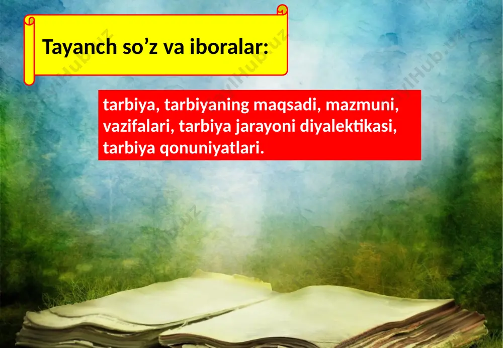 balki his-tuyg’ularini ham o’stirib borishi, unda jamiyatning shaxsga qo’yadigan axloqiy talablariga muvofiq keladigan huquqiy malaka va odatlarni hosil qilishi lozim. tarbiya jarayonining mohiyati. tarbiya jarayonining mohiyatini tarbiyaga har tomonlama yondashish bilan muvaffaqiyatli tarzda ilmiy tahlil qilish mumkin. shaxsning xislatlari bir-biridan ajratilgan emas, balki o’zaro mustahkam bog’langan. . tarbiya jarayonidabolaning shaxsiyati ayrim-ayrim emas, balki yaxlit tarzda rivojlanadi. bola o’sib va rivojlanib borgan sari tar­biya vazifalari murakkablashib, chuqurlashib, tabaqalashib boradi. ijtimoiy tarbiyani tashkil etish jarayonida bir qator vazifalar ijtimoiy tarbiya maqsadidan kelib chiqib belgilanadi. mustaqil o’zbekiston respublikasida ayni vaqtda yosh avlodni tarbiyalab voyaga yetkazishga qaratilgan jarayonda quyidagi vazifalarnihal etish muhim ahamiyat kasb etmoqda: a) yoshlarni ijtimoiy hayotga tayyorlash, ularda keng dunyoqarashni tarkib toptirish, o’z shaxsiy turmlishiga maqsadli yondashish, reja va amal birligi hissini uyg’otish; b) o’quvchilarni milliy va umuminsoniy qadriyatlardan ogoh etish, chuqur bilimga, tafakkurga ega yoshlarni tarbiyalash, malakalarni tobora boyitish; d) umuminsoniy axloq mehyorlarini anglashni (odamiylik, kamtarlik, o’zaro yordam, mehr-muhabbat, muruvvat, …