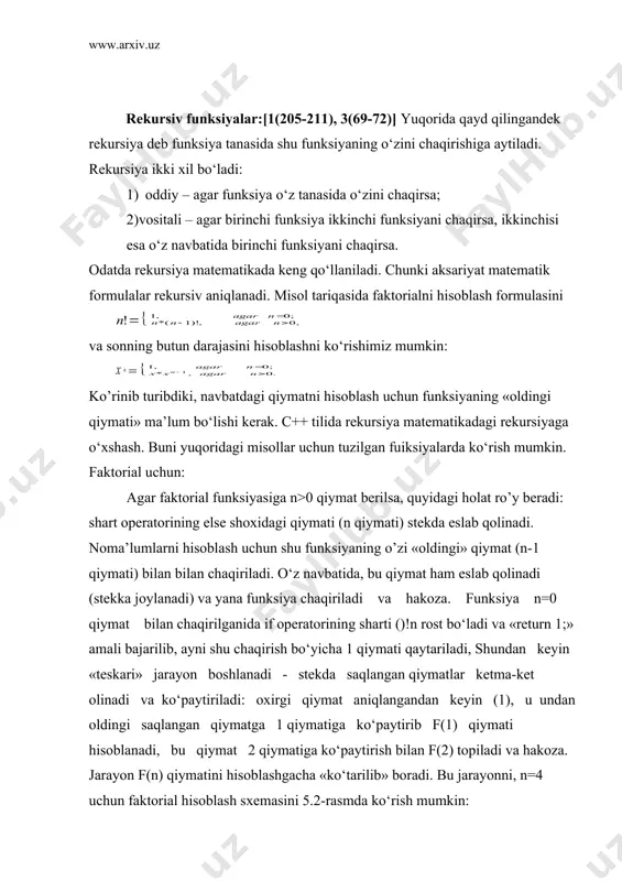 ashgacha «ko‘tarilib» boradi. bu jarayonni, n=4 uchun faktorial hisoblash sxemasini 5.2-rasmda ko‘rish mumkin: f(4)=4*f(3) f(4)=4*f(3) f(4)=4*f(3) f(4)=4*f(3) f(4)=4*6 f(3)=3*f(2) f(3)=3*f(2) f(3)=3*f(2) f(3)=3*2 f(2)=2*f(1) f(2)=2*f(1) f(2)=2*1 f(1)=1*f(0) f(1)=1*1 f(0)=1 5.2-rasm. 4! hisoblash sxemasi rekursiv funksiyalarni to‘g‘ri amal qilishi uchun rekursiv chaqirishlarning to‘xtash sharti bo‘lishi kerak. aks holda rekursiya to‘xtamasligi va o‘z navbatida funksiya ishi tugamasligi mumkin. faktorial hisoblashida rekursiv tushishlarning to‘xtash sharti funksiya parametri n=0 bo‘lishidir (shart operatorining rost shoxi). har bir rekursiv murojaat qo‘shimcha xotira talab qiladi – funksiyalarning lokal obyektlari (o‘zgaruvchilari) uchun har bir murojaatda stekdan yangidan joy ajratiladi. masalan, rekursiv funksiyaga 100 marta murojaat bo‘lsa, jami 100 lokal obyektlarning majmuasi uchun joy ajratiladi. ayrim hollarda, juda ko‘p rekursiya bo‘lganda, stek o‘lchami cheklanganligi sababli (real rejimda 64kb o‘lchamgacha) u to‘lib ketishi mumkin va bu holatda programma o‘z ishini «stek to‘lib ketdi» xabari bilan to‘xtadi. quyida, rekursiya bilan samarali yechiladigan «xanoy minorasi» masalasini ko‘raylik. masala. uchta a, b, c qoziq …
