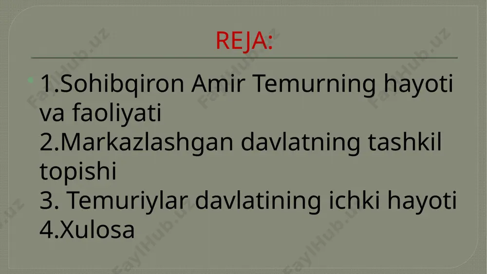 yurish 1371, 1373, 1375, 1379, 1388 yillar xorazmga yurish- yusuf so`fi faoliyati hisor, badaxshon, qunduz bo`ysundirildi balx va toshkent viloyatlari ham egallandi 3-yillik. 1386 – 1388-yillarda janubiy ozarbayjon, shimoliy iroq, gurjiston 5- yillik. 1392 – 1396-yillarda g`arbiy eron, iroq, kavkaz 7-yillik. 1399 – 1404- yillarda halab, hums, damashq, bag`dod va turkiya to`xtamish bilan bo`lgan jang 1389 yil-dizak 1391 yil-qunduzcha 1395 yil-terek amir temur davlat buyuk jahongir sohibqiron amir temur 1405-yil 18 fevral kuni vafot etdi amir temur mironshoh 19 ta nabira 15 chevara 3 qiz shohruh mirzo 3. 3.temuriylar davlatining ichki hayoti amir temurning hukmronligi 35 yil davom etgan (1370-1405). u ind va gangdan sirdaryo zarafshongacha teyanshandan bosforgacha bo’lgan katta saltanatni yaratgan. hayotning katta qismini yurishlarda o’tkazgan. boshqaruv yillari davomida amir temur fiyodal tarqoqlikga barham berdi. fransiya, angliya, kastiliya kabi yirik ovrupa qirolliklari bilan savdo diplomatik aloqalarni yo’lga qo’yadi. g`arbiy eron ozarbayjon shoxrux, 1405 yil prmuhammad umar mirzo abubakr mirzo …