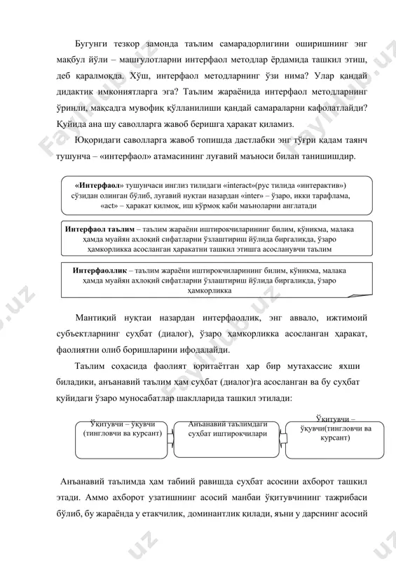 тида билимларни оғзаки тарзида ўқувчи (тингловчи ва курсант)ларга етказиб беришга интилади. фаоллик кўрсатиш ўқитувчигагина хос бўлиб, ўқувчи (тингловчи ва курсант)лар бу вазиятда суст тингловчи бўлиб қолади. уларнинг асосий вазифаси ўқитувчини тинглаш, зарур ўринларда ёзиш, саволлар билан мурожаат қилинганида жавоб қайтариш, кам ҳолатларда (рухсат этилганидагина) сўзлашдан иборатдир. анъанавий таълимдаги бир томонламалик олий таълим тизимидаги фақат маъруза машғулотларида эмас, семинар дарсларида ҳам устуворлик қилади. унга кўра, «етказиб берувчи» ролида энди ўқитувчи эмас, балки ўқувчи (тингловчи ва курсант) намоён бўлади. ўқувчи (тингловчи ва курсант), асосан, ўзи ўзлаштирган билимларни намойиш этади, ўқитувчи эса унинг фикрларини тинглайди, зарур ўринларда саволлар билан мурожаат қилади. ўқувчи (тингловчи ва курсант)лар гуруҳи (жамоаси) бу вазиятда бутунлай суст иштирокчи, тингловчи бўлиб қолади. бир қарашда ўқувчи (тингловчи ва курсант) ёки ўқитувчи томонидан узатилаётган ахборотларнинг қабул қилиниши ўқувчи (тингловчи ва курсант)лар гуруҳи (жамоаси) учун билимларни ўзлаштириш имкониятини яратаётгандек таассурот уйғотади. бироқ, психологик тадқиқотлар натижаларининг кўрсатишича, бу тарзда қабул қилинган билим (маълумот)лар жуда …