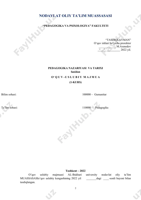 ntseptual asoslari mavzu rejasi: 1. yangi o‘zbekistonning taraqqiyot strategiyasi asosida jadal taraqqiyot va yangilanish sari. 2.о‘zbekiston respublikasining “ta’lim tо‘g‘risida”gi qonuni. 3.ta’lim sohasidagi davlat siyosatining asosiy tamoyillari. ta’lim tizimi va turlari. tayanch so‘zlar: ta’lim tizimi, ta’lim islohotlari, maktabgacha ta’lim vazirligi, 11 yillik umumiy o‘rta ta’lim, kasb-hunar ta’limi, oliy ta’lim, oliy o‘quv yurtidan keying talim, kadrlarni qayta tayyorlash va malakasini oshirish. yangi o‘zbekistonning taraqqiyot strategiyasi asosida jadal taraqqiyot va yangilanish sari. o‘zbekiston respublikasi prezidenti shavkat mirziyoyev tomonidan 2022-yil 28-yanvar kuni “2022-2026-yillarga mo‘ljallangan yangi o‘zbekistonning taraqqiyot strategiyasi to‘g‘risida”gi pf-60-son farmoni imzolandi. mazkur farmon bilan “harakatlar strategiyasidan - taraqqiyot strategiyasi sari” tamoyili asosida ishlab chiqilgan 2022-2026-yillarga mo‘ljallangan o‘zbekistonning taraqqiyot strategiyasi va uni 2022-yilda amalga oshirishga oid davlat dasturi tasdiqlandi. farmon loyihasi bo‘yicha 16,7 mingdan ortiq takliflar kelib tushgan. ularni har tomonlama ko‘rib chiqish yakuniga ko‘ra, hujjatga qariyb 100 ta konseptual hamda 200 dan ortiq aniqlashtiruvchi tahririy o‘zgartirish va qo‘shimchalar kiritilgan. farmonda o‘zbekistonni keyingi 5 …