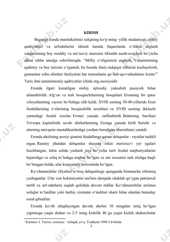 i-xviii asrning o‘rtalarigacha bo‘lgan davrda erondagi ijtimoiy-siyosiy voqealar o‘zida aks etgan manbalar ham turli davrlardagi tadqiqotlar tahlili orqali ochib berish. - eronda nodirxon davri tarixining o‘rganilishi natijalarini tahlil qilib, umumlashtirish va uning hukmronligi davrida tarix va madaniyatini o‘rganishdagi ahamiyatini ochib berish; - eronda nodirshoh davri tarixi va madaniyatiga oid to‘plangan ma’lumotlarni o‘zbek xalqi davlatchiligi tarixining yangi sahifalarini yoritishda muhim manba sifatida tahlil etish; - mavjud ma’lumotlarni qiyoslagan holda nodirshohning siyosiy faoliyatini o‘rganish hamda siyosiy masalalariga yangidan baho berish, manbalar va so‘nggi tadqiqotlar asosida ushbu masalalarni oydinlashtirish, munozarali masalalarga aniqlik kiritish; - manba va adabiyotlarni tahliliy o‘rganib, nodirxonning siyosiy faoliyatidagi ilmiy muammolarni, ularning o‘rganilishi natijalari, tadqiqotchilar xulosalarini qiyoslab, yangi asoslarda tadqiq etish; - o‘rta asrlar davlatchiligi tarixida nodirxonning tutgan o‘rnini va uning siyosiy-tarixiy jarayonlarda tutgan mavqeyini yoritib berish.. i. nodirshoh va uning yurishlari haqida nodirshoh xurosonda tug‘ilgan. afshor turkmanlarining qirqli qabilasidan boʻlgan otasi , qoʻy toʻnlari tikish bilan shugʻullangan. o‘n sakkiz …