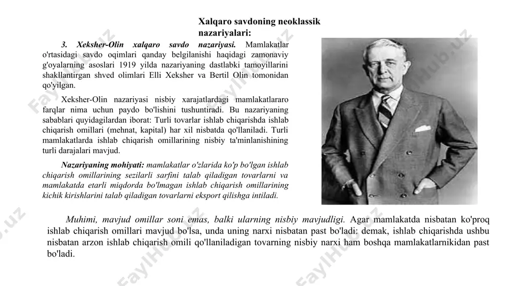 ish, o'sish, etuklik, pasayish. "joriy etish " bosqichida mamlakat ichida paydo bo'lgan ehtiyojga javoban yangi mahsulotlar ishlab chiqiladi. yangi mahsulot ishlab chiqarish kichik hajmda bo'lib, yuqori malakali ishchilarni talab qiladi va innovatsiyalar mamlakatida to'planadi va faqat kichik bir qismi tashqi bozorga chiqadi. "o'sish" bosqichi. mahsulotga talab ortadi, ishlab chiqarish kengayadi, asta-sekin boshqa mamlakatlarga o'tadi, mahsulot yanada standartlashtiriladi. ishlab chiqaruvchilar o'rtasidagi raqobat kuchayadi. "yetuklik". bu bosqichda narx hal qiluvchi omilga aylanadi, ishlab chiqarish keng miqyosda bo‘ladi, innovatsiya mamlakati raqobatdosh ustunliklarini yo‘qotadi va ishlab chiqarish standartlashtirilgan ishlab chiqarish jarayonlarida arzon ishchi kuchidan samarali foydalanish mumkin bo‘lgan rivojlanayotgan mamlakatlarga o‘ta boshlaydi. "pasayish".ayniqsarivojlanganmamlakatlardatalabpasayibboradi. mahsulot ishlab chiqarish va sotish pasayadi. ushbu bosqichda ko'pincha ushbu mahsulot o'rnini bosadigan yangi mahsulot paydo bo'ladi. 7. raqobat ustunligi nazariyasi bu konsepsiya 80-yillar oxirida amerikalik tadqiqotchi maykl porter tomonidan ishlab chiqilgan. porterning fikricha, mamlakatning xalqaro almashinuvdagi raqobatbardoshligi to'rtta asosiy komponentning ta'siri va o'zaro bog'liqligi bilan belgilanadi: - omilli shartlar. masalan, …