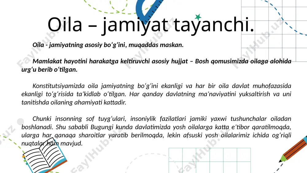 qoʻyildi. mazkur farmonga binoan, vazirlar mahkamasi huzurida “oila” ilmiy-amaliy tadqiqot markazi oila instituti sohasida yagona davlat siyosatini yurituvchi tizim sifatida tashkil etildi. oʻz navbatida, umuminsoniy va milliy oilaviy qadriyatlarni tahlil qilish asosida zamonaviy, namunali oila mezonlarini belgilash hamda “oila jamiyat va davlat himoyasida” konstitutsiyaviy prinsipini keng targʻib etish va jamiyatga singdirish masalalariga kompleks yondashish faoliyatimizda ustuvor ahamiyat kasb etmoqda. xususan, oilani mustahkamlash va rivojlantirish, oilalarda maʼnaviy-axloqiy muhitni yaxshilash, jamiyatda eng ibratli oilaviy anʼanalarni saqlab qolish hamda targʻibot qilish masalalari boʻyicha hududlarda qator fundamental, amaliy va innovatsion tadqiqotlar olib borilayotir. e’tiboringiz uchun rahmat! image1.png image2.jpeg image3.png image4.png image5.png /docprops/thumbnail.jpeg