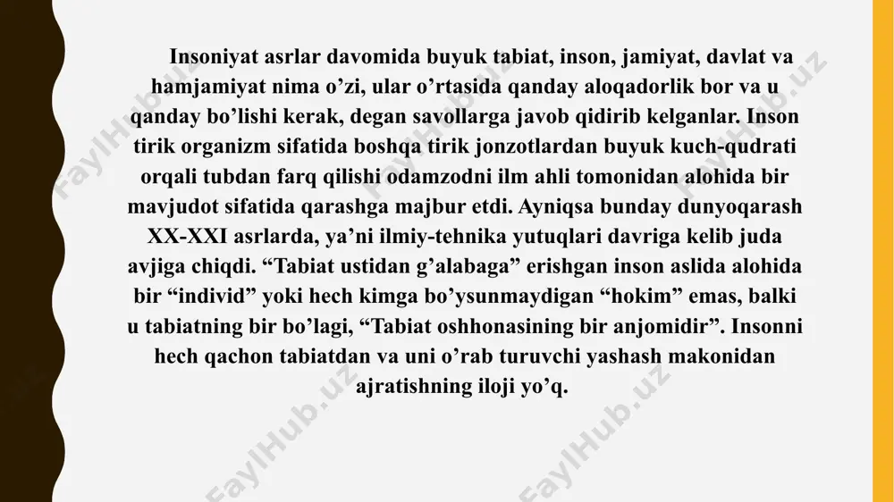 lishlarini belgilaydi, qonun xujjatlarini qabul qiladi va tabiatni muhofaza qilish davlat qo’mitasining faoliyatini muvofiqlashtirib turadi. tabiiy resurslardan foydalanganlik uchun haq olishning eng ko’p-kam hajmini, shuningdek, to’lovlarini undirib olishdagi imtiyozlarni belgilaydi. shuningdek, hududlarni favqulodda ekologiya holati, ekologiya ofati va ekologiya falokati mintaqalari deb e’lon qiladi va bunday mintaqalarning huquqiy rejimini va jafo ko’rganlarning maqomini belgilaydi. o’zbekiston respublikasining oliy majlisi tabiatni muhofaza qilish siyosatining asosiy yo’nalishlarini belgilaydi, qonun hujjatlarini qabul qiladi va tabiatni muhofaza qilish davlat qo’mitasining faoliyatini muvofiqlashtirib turadi. tabiiy resurslardan foydalanganlik uchun haq olishning eng ko’p-kam hajmini, shuningdek, to’lovlarini undirib olishdagi imtiyozlarni belgilaydi. shuningdek, hududlarni favqulodda ekologiya holati, ekologiya ofati va ekologiya falokati mintaqalari deb e’lon qiladi va bunday mintaqalarning huquqiy rejimini va jafo ko’rganlarning maqomini belgilaydi. turli davlatlarning atrof muhitni muhofaza qilish sohasidagi faoliyatini muvofiqlashtirish uchun davlatlararo shartnomalar va konvensiyalar keng qo’llaniladi. bunday hamkorlik dastlab xix asrning birinchi yarmida hayvonot dunyosidan foydalanishni tartibga solish yo’nalishida vujudga kelgan. ayniqsa ko’chib …