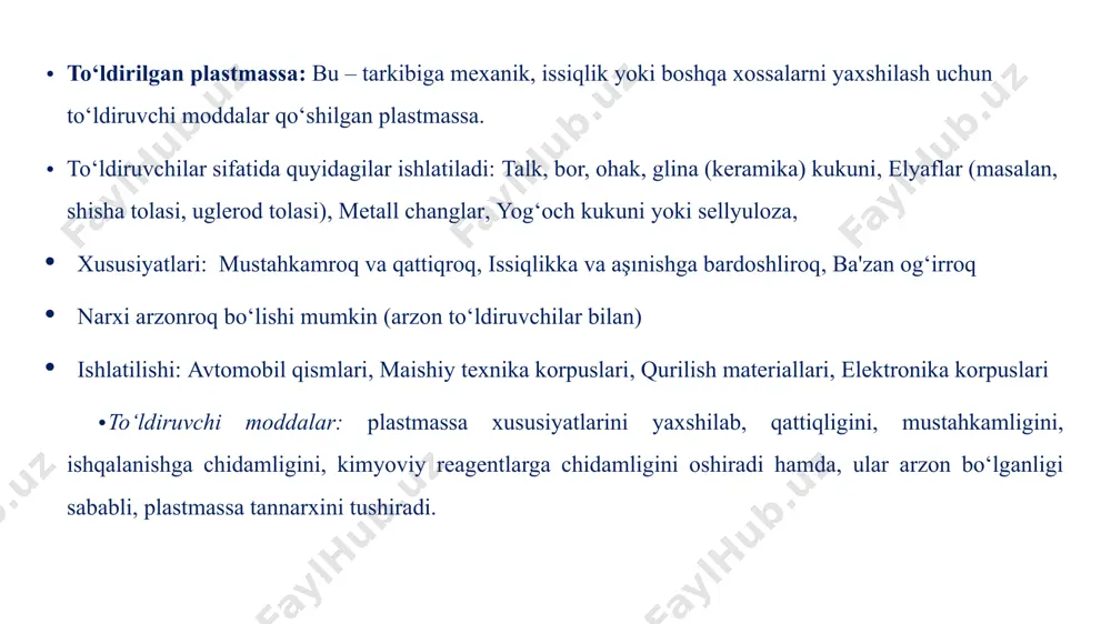 hamiyatga ega (ishlab chiqariladigan plastifikatorlarning 70%i polivinilxlorid ishlashga ketadi). rezina va lok-boʻyoq materiallari ishlab chiqarishda ham keng qoʻllanadi plastifikatorlarning asosiy funksiyalari: polimerlarni yumshatish – plastifikatorlar polimer zanjirlari orasiga kirib, ular orasidagi molekulyar tortishuv kuchlarini kamaytiradi. natijada material yumshoq va egiluvchan bo‘ladi. haroratga chidamlilikni oshirish – baʼzi plastifikatorlar past haroratlarda ham egiluvchanlikni saqlab qoladi. ishlov berish jarayonini yengillashtirish – plastifikatorlar ishlab chiqarishda (ekstruziya, kalandrlash, qoliplash va h.k.) materialni osonroq shakllantirish imkonini beradi. sirt silliqligini oshirish – plastifikatorlar mahsulot yuzasining silliq bo‘lishiga hissa qo‘shadi. plastifikatorlarning turlari: ftalatlar (masalan, dioktil ftalat - dop): eng keng tarqalgan plastifikatorlar; pvc mahsulotlarida ko‘p ishlatiladi. adipatlar (masalan, di-2-etilhekzil adipat): sovuq haroratga chidamli plastifikatorlar. sebakatlar – sovuqqa chidamli maxsus polimerlar uchun. fosfatlar – olovga chidamli plastifikatorlar sifatida ishlatiladi. sitratlar – oziq-ovqat qadoqlashda yoki bolalar o‘yinchoqlarida ishlatiladigan, nisbatan xavfsiz plastifikatorlar. plastifikatorlar qo‘llaniladigan sohalar: polivinilxlorid (pvc) mahsulotlari (kabel qoplamalari, pol qoplamalari, quvurlar) sun’iy charm, oyna plyonkalari o‘yinchoqlar avtomobil sanoati qadoqlash …