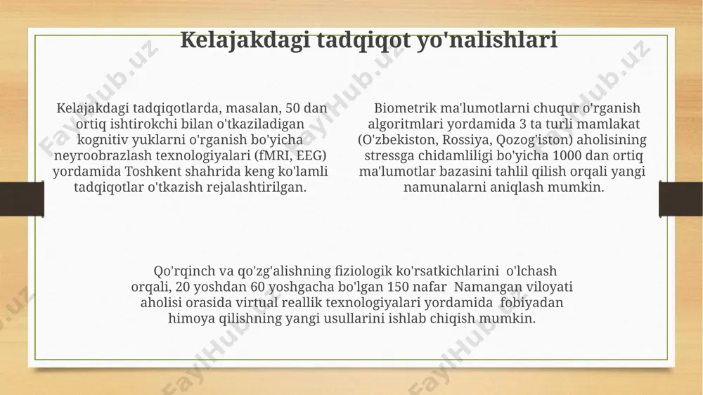 kasalliklarni tashxislash imkonini beradi. meg texnologiyasi 306 dan ortiq sensorlarni o'z ichiga olgan va helsinki shahridagi universitetlardan birida ishlab chiqilgan maxsus apparatura yordamida miya faoliyatining yuqori vaqt aniqligidagi ma'lumotlarini taqdim etadi. aqshning boston shahridagi kasalxonalardan birida o'tkazilgan tadqiqotlar shuni ko'rsatdiki, meg yordamida miyaning 1 millisekunddan kam vaqt oralig'idagi faoliyati haqida ma'lumot olish mumkin, bu esa aniq diagnostika qo'yishga yordam beradi. elektrookulografiya (eog) eog yordamida 10 dan ortiq turdagi ko'z harakatlari, jumladan, sakkadalar va pursuit harakatlari, aniqlanib, tahlil qilinadi; bu ma'lumotlar uyqu tadqiqotlari kabi sohalarda, masalan, toshkentdagi uyqu klinikalarida keng qo'llaniladi. eog signallarini tahlil qilishda, 50-60 gts chastotali shovqinlarni yo'q qilish uchun filtrlash texnikalari qo'llaniladi va bu moskva shahridagi neyrofiziologiya laboratoriyalarida standart protsedura hisoblanadi. elektrookulografiya (eog) ko'z harakatlarini 2 millivolt atrofidagi kuchlanish farqini o'lchash orqali kuzatib boradi, bu esa ko'zning retinasidagi elektr potentsialining farqi bilan bog'liq bo'lib, masalan, nyu-yorkdagi klinik tadqiqotlarda qo'llaniladi. miya faoliyatini tasvirlash usullari miya faoliyatini tasvirlashda, masalan, eeg …
