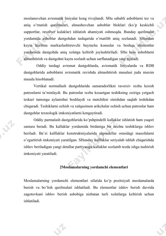 (6.4-rasm). rasm. fiksatorlar. sharikli fiksator (6.4a-rasm) konstruktsiyasi bo’yicha eng sodda lekin uni bo’lish aniqligi baland emas, xamda u ishlov berish kuchlari momentini qabul qila olmaydi. tsilindrik barmoqli fiksator (6.4b-rasm), oraliqlar tufayli xam uning bo’lish aniqligi baland emas. bu turdagi oddiy aniqlikdagi fiksatorlarda tsilindrik barmoq yo’naltiruvchi vtulka bilan h8/f8 o’tqazishi bo’yicha, markaz aniqligi balandroq bo’lgan fiksatorlar esa h7/f7 o’tqazishi bo’yicha bajariladi. o’ta yuqori aniqlikdagi konstruktsiyalarda bu birikmadagi oraliq 0.01 mm dan oshmasligi kerak. barmoqning uchi konusli qilib ishlangan fiksator yuqoriroq aniqlikni beradi (6.4v-rasm). konusli qismning burchagi odatda katta qilinmaydi. bu fiksatorlarning knopkali va reykali turlari dst 13160-67 bo’yicha ishlanadi. aniqligi baland bo’lgan bo’lish mexanizmlarda fiksatorlar xizmat muddatini oshirish uchun ularni kundalang kuchlar ta’siridan ozod qiladilar.buning uchun bo’lish xarakati to’xtaganidan keyin moslamani aylanuvchan qismi qo’zg’olmas qismga maxsus qurilmalar yordamida qisiladi, okibatda butun sistemaning bikrligi oshadi. yeyilishni kamaytirish uchun barmoq va ikkala yo’naltiruvchi vtulkalar hrc55-60 gacha toblangan po’latdan ishlanadi. katta burchaklarga burish va …