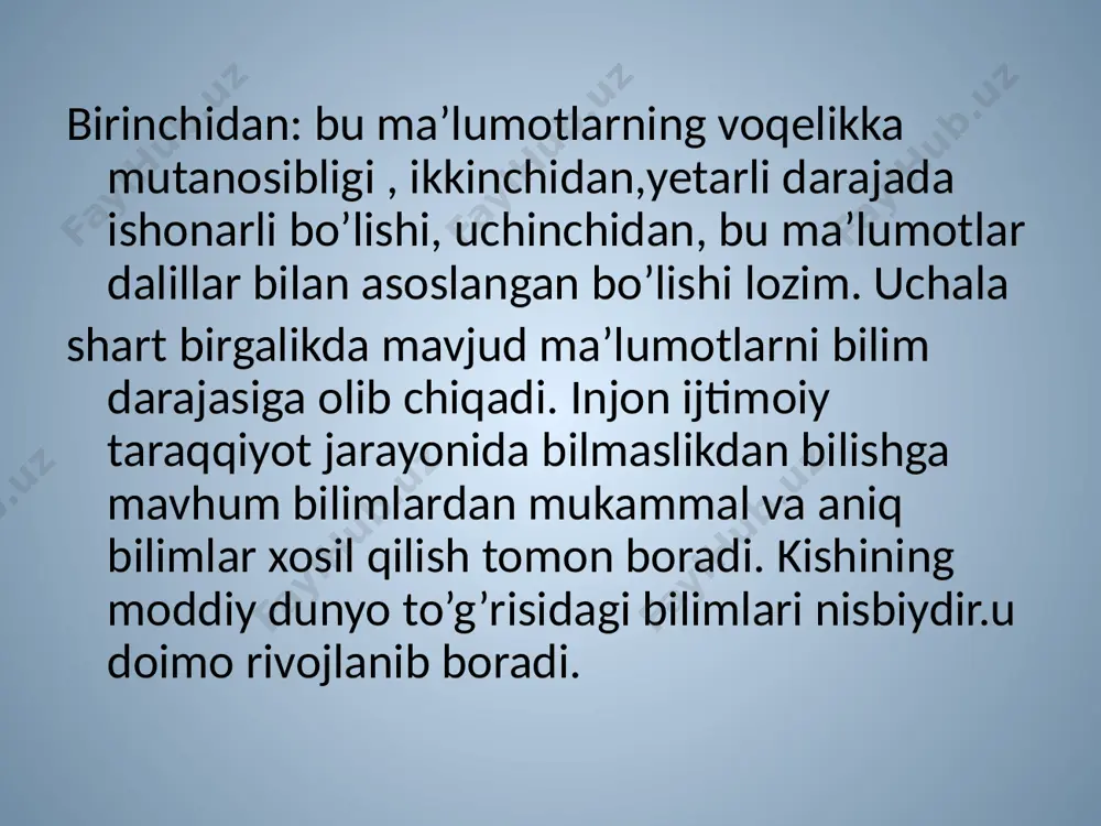 va moddiy qadriyatlarimizni odob-axloqni yoshlarimiz ongiga chuqurroq singdirishdan iboratdir. yoshlarimiz axloqiy tarbiya jarayonida, ya’ni o’qish, jamoat ishlarida tirishqoq , do’stlarga sofdil munosabatda bo’lish, o’z burch va vazifalariga vijdonan yondashish , xalol mehnat qilish kerakligini, ba’zi tengdoshlarining ayrim salbiy odatlariga befarq bo’lmaslikni tushunib, anglab boradilar. kamol topayotgan har bir yosh avlodga birinchi navbatda hushmuomalalikni, bilimni, oila a’zolariga e’tiborli bo’lishi juda muhimdir. biz yoshlar qanchalik bilimli va yetuk madaniyatli inson bo’lib yetishsak vatanimiz rivoji uchun oz bo’lsa ham yordam bergan bo’lamiz. e’tiboringiz uchun raxmat!!! image1.jpeg image2.jpeg image3.jpeg image4.jpeg image5.jpeg image6.jpeg
